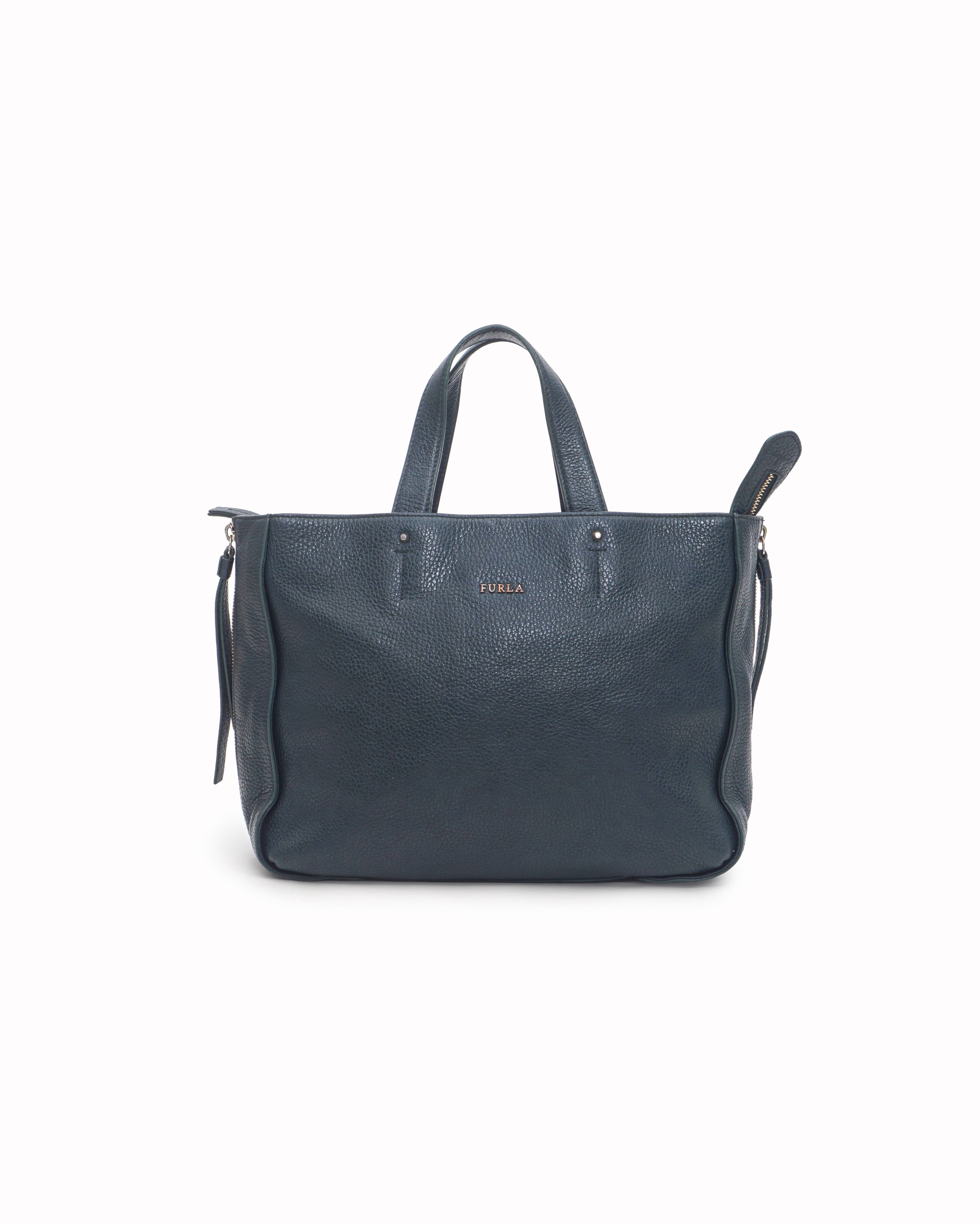 Furla Forest Green Grained Leather Zip - Top Tote Bag