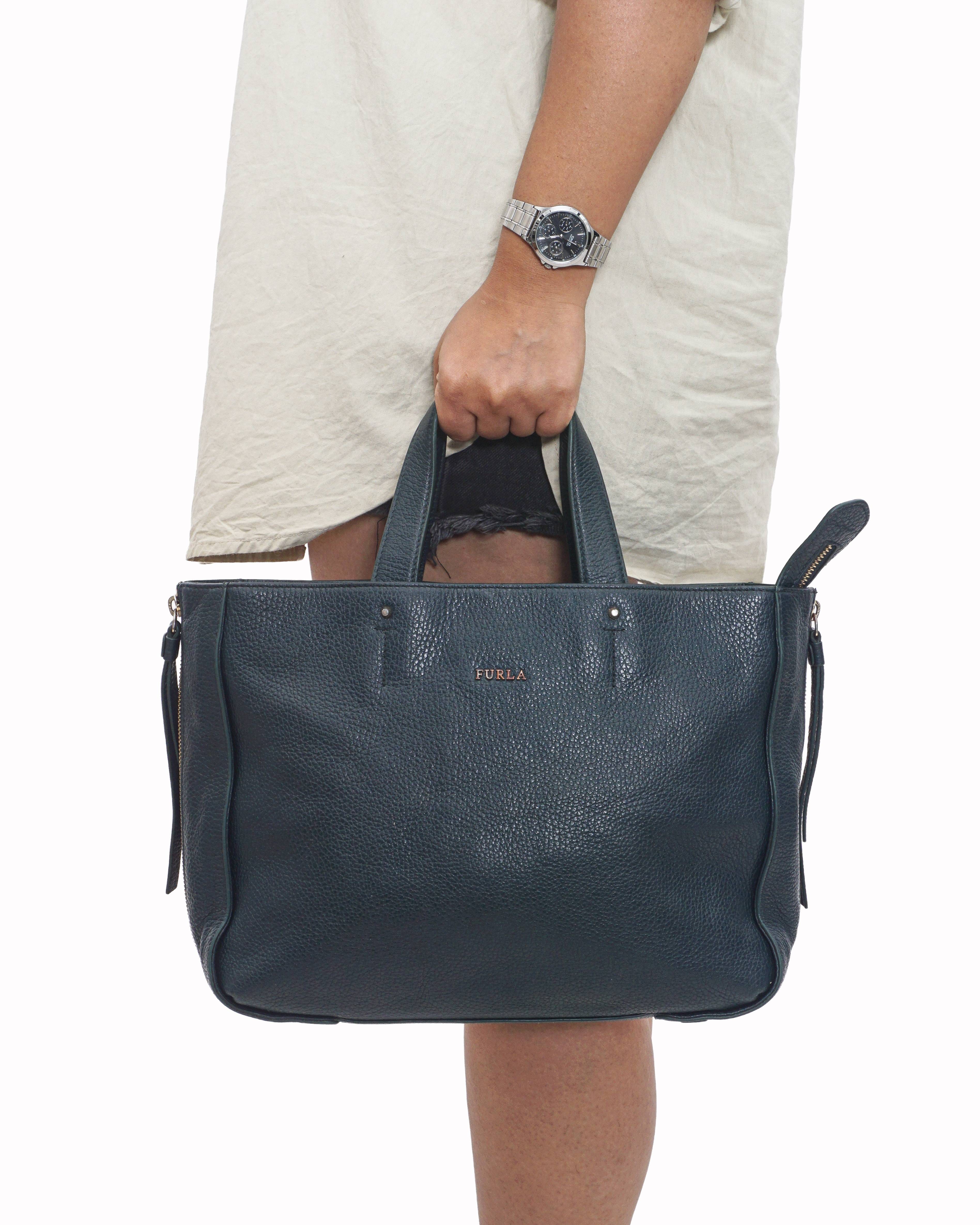 Furla Forest Green Grained Leather Zip - Top Tote Bag