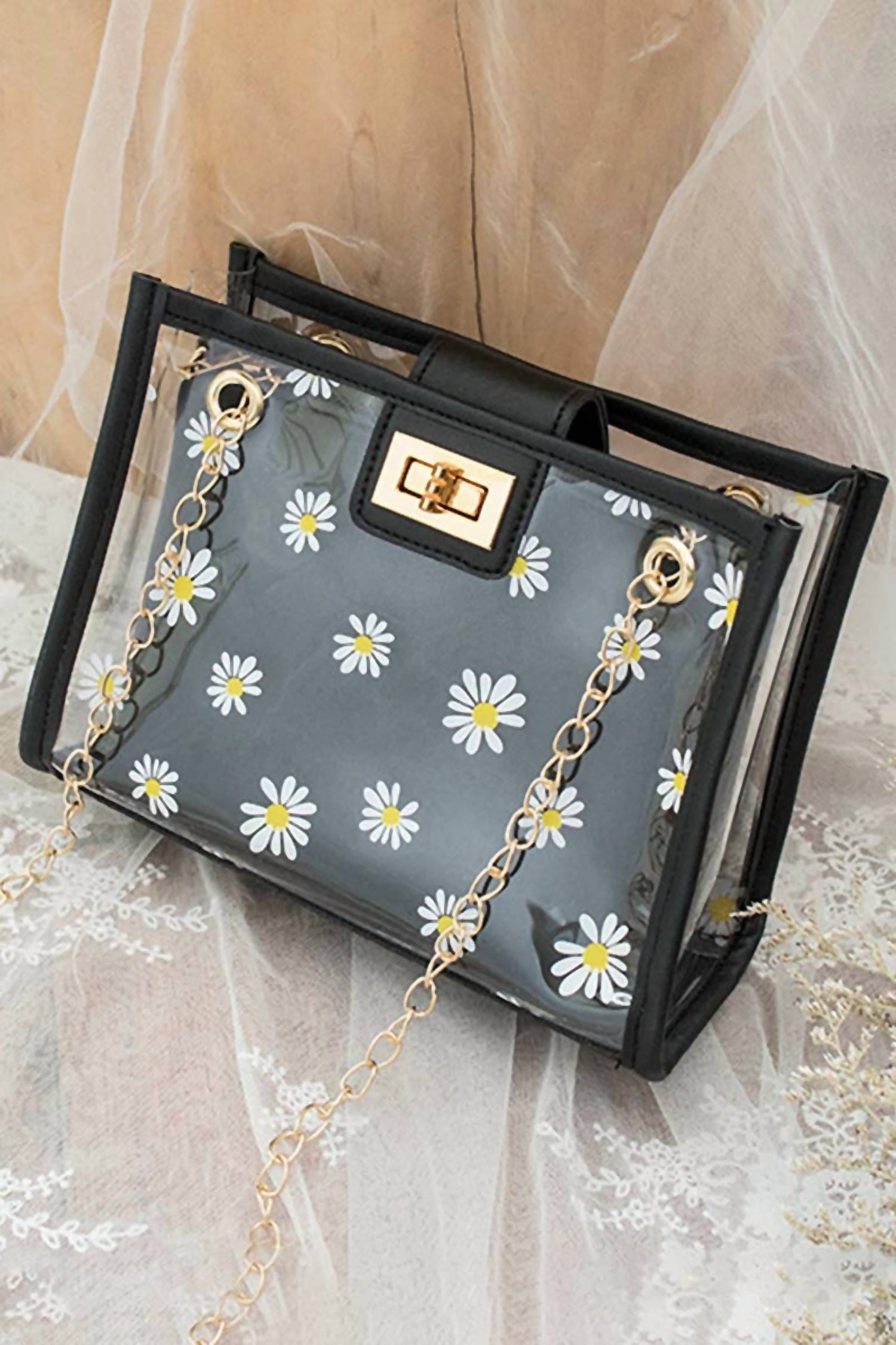 Transparent Women's Daisy Floral Transparent Mini Crossbody Bag In Black
