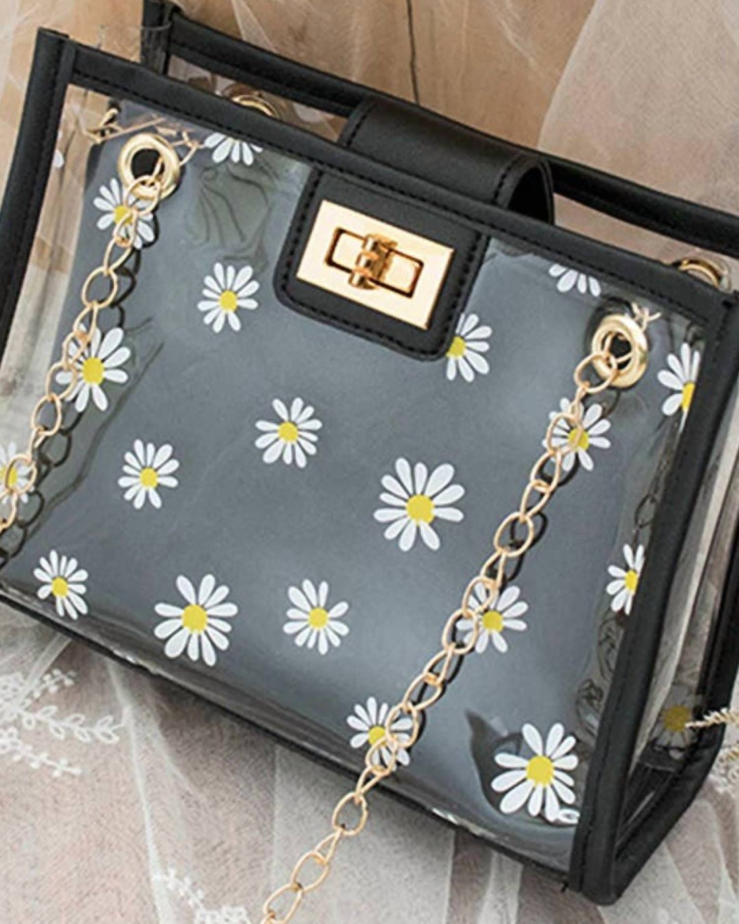 Transparent Women's Daisy Floral Transparent Mini Crossbody Bag In Black