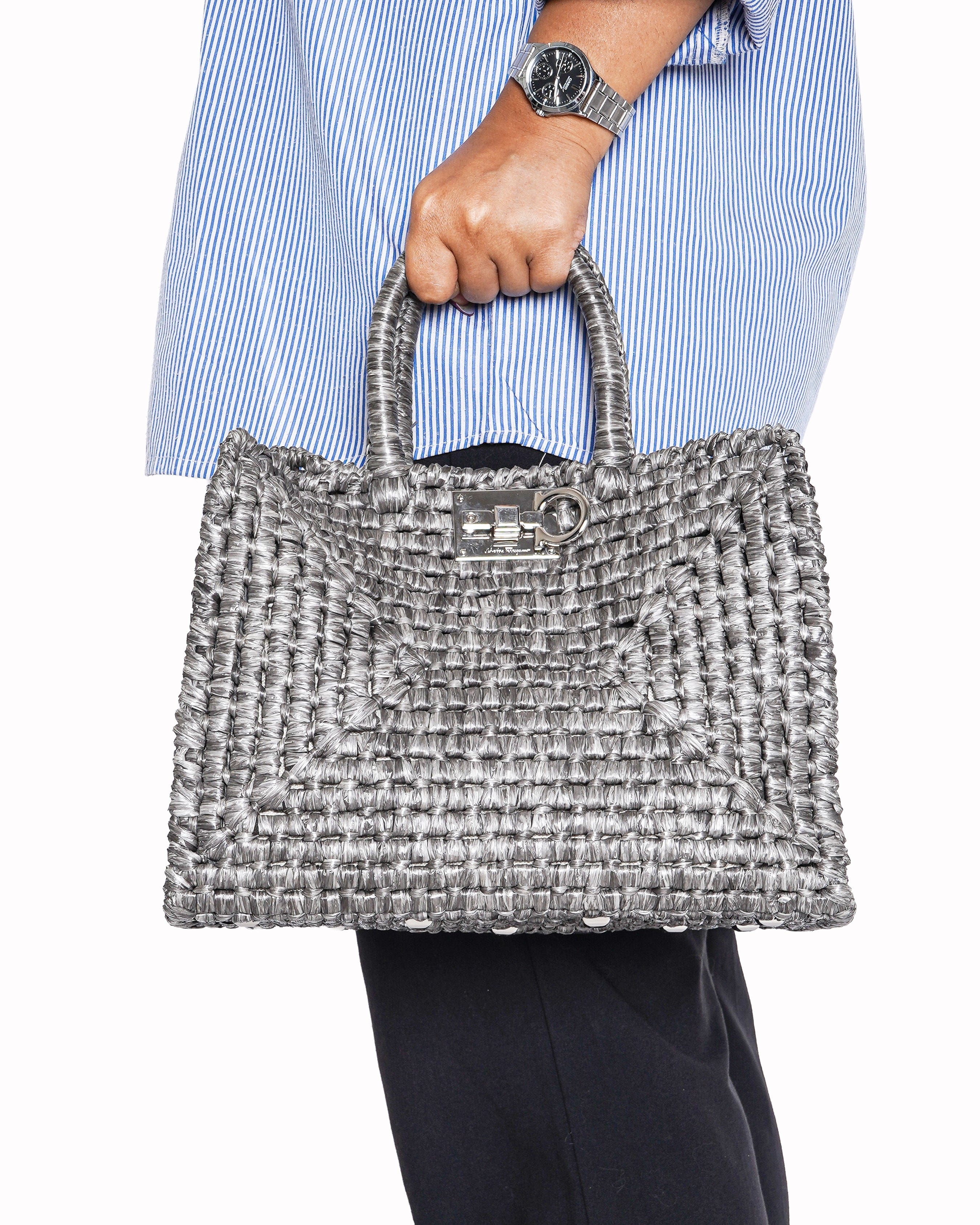 Salvatore Ferragamo Ferragamo Studio Box Woven Raffia Tote Bag