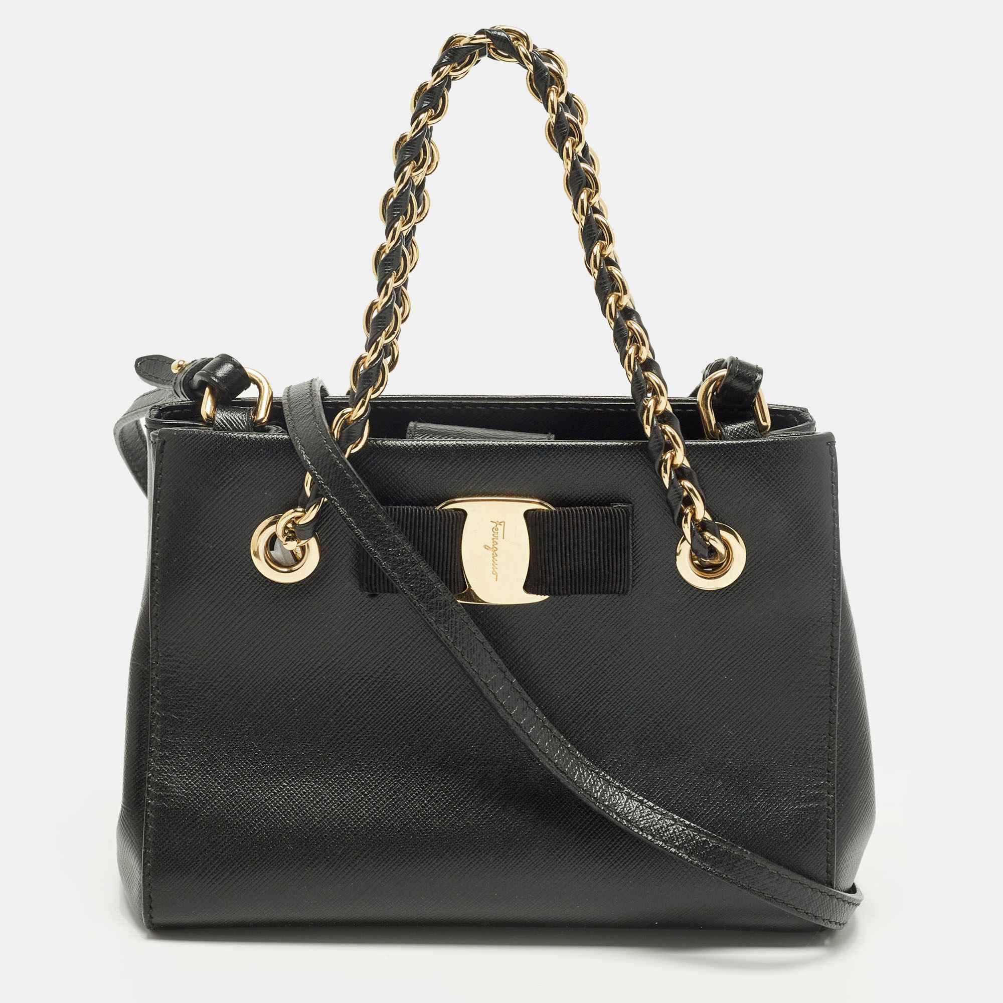 Salvatore Ferragamo Melike Vara Bow Mini Black Leather Chain Tote