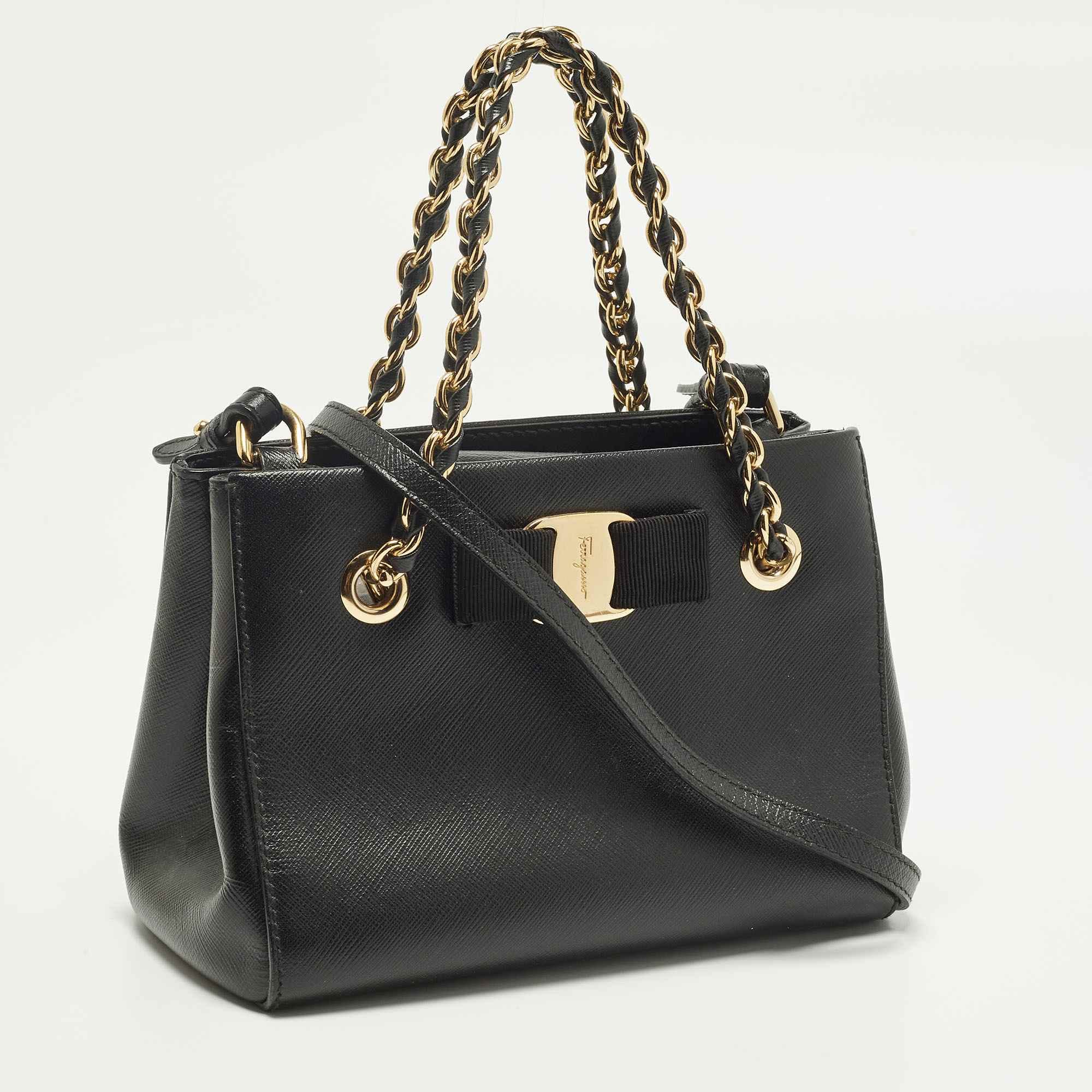 Salvatore Ferragamo Melike Vara Bow Mini Black Leather Chain Tote