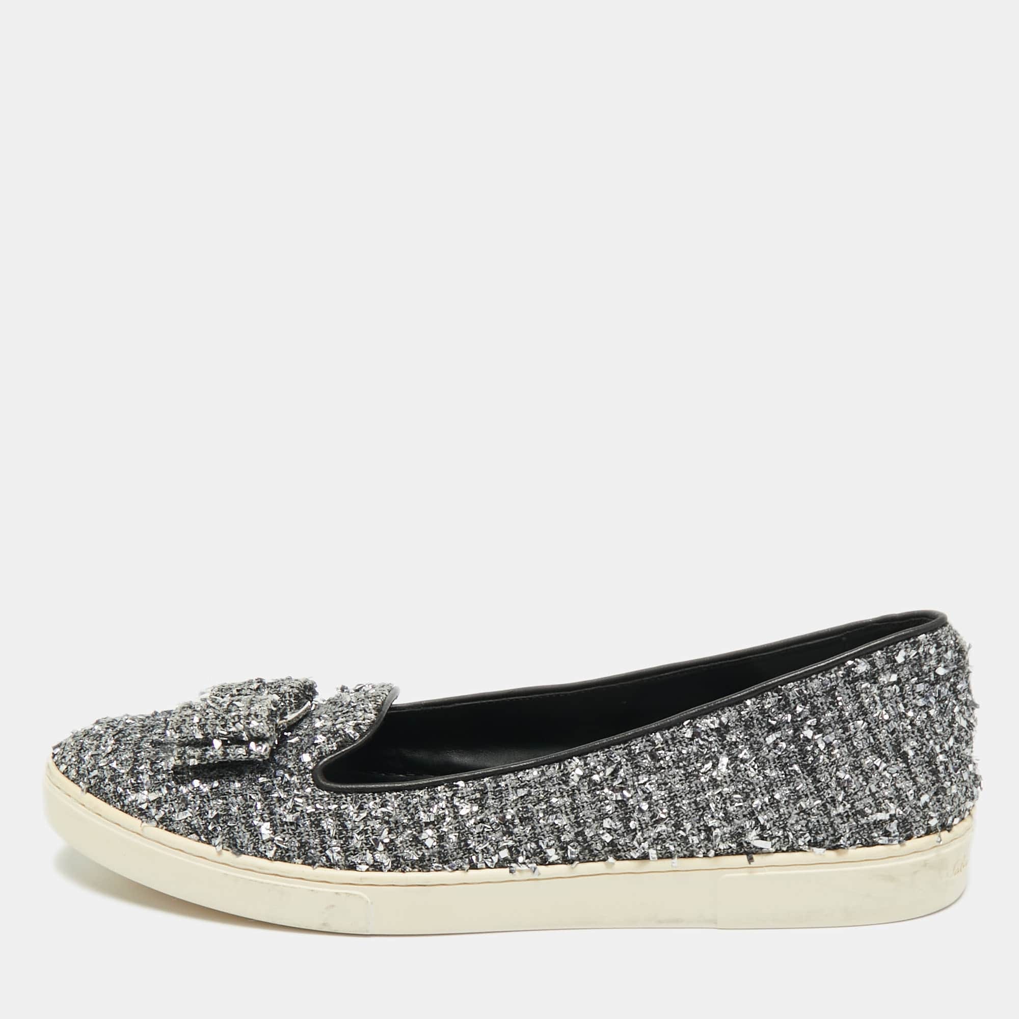 Salvatore Ferragamo Grey Tweed And Leather Novello Slip On Sneakers