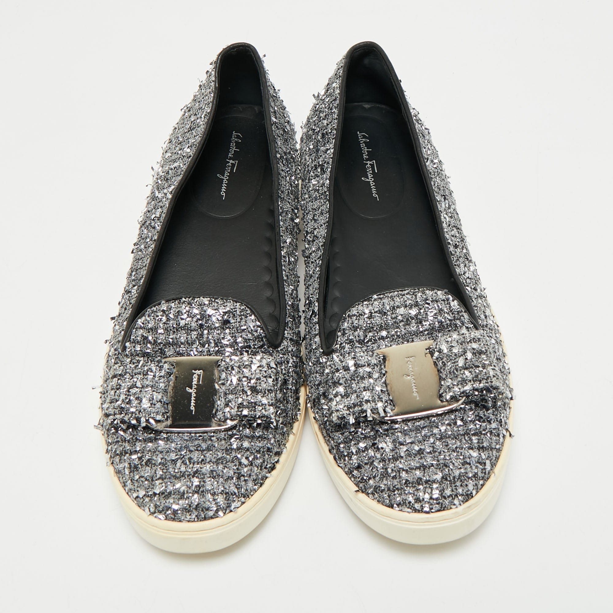 Salvatore Ferragamo Grey Tweed And Leather Novello Slip On Sneakers