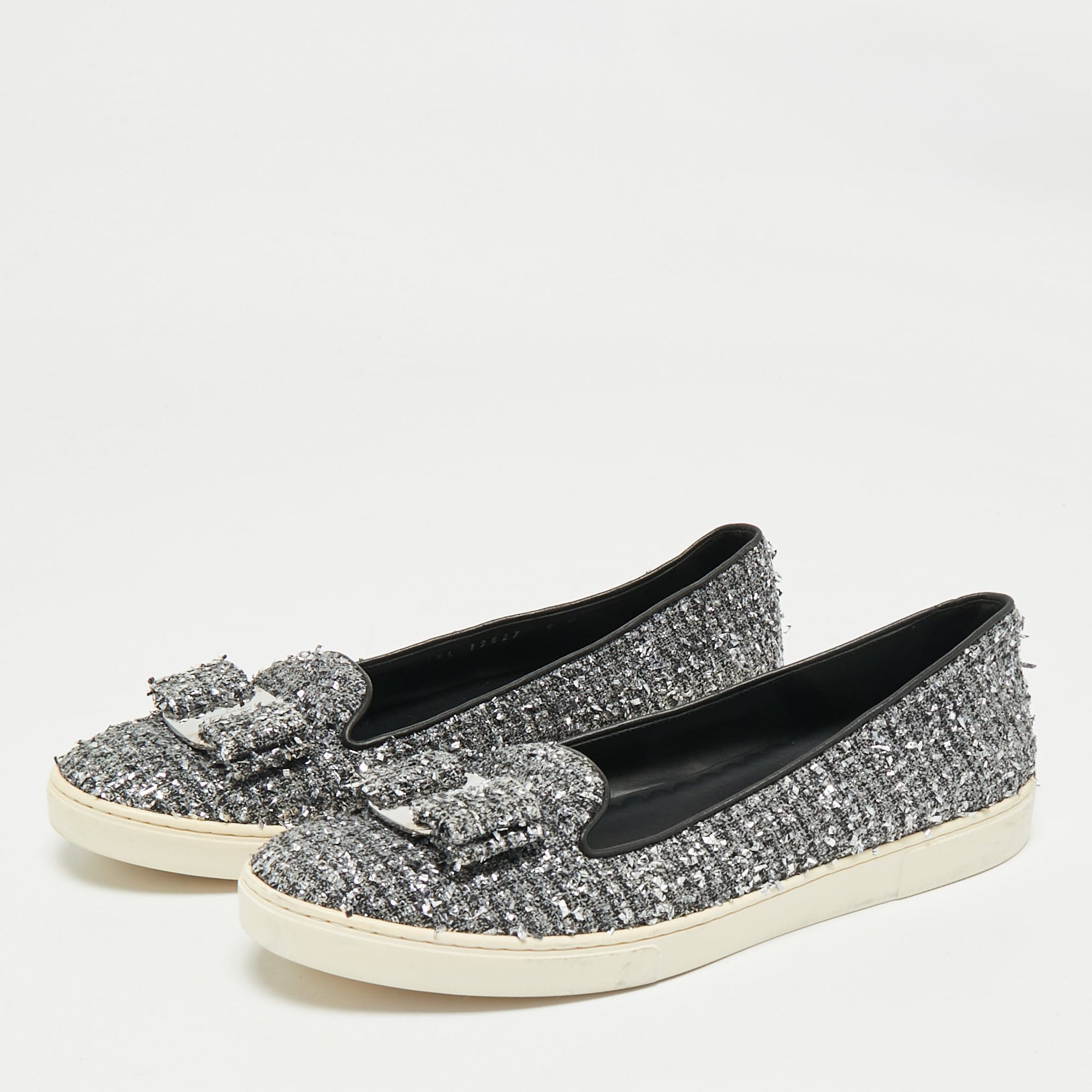 Salvatore Ferragamo Grey Tweed And Leather Novello Slip On Sneakers