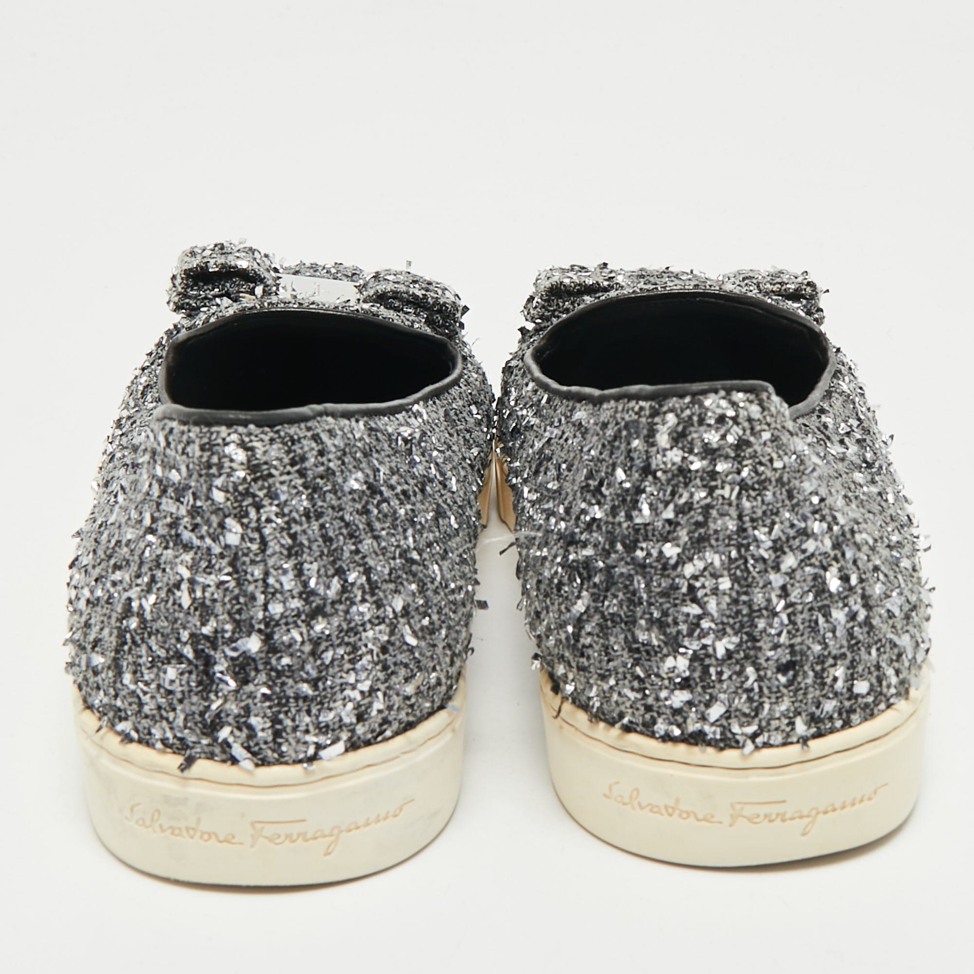 Salvatore Ferragamo Grey Tweed And Leather Novello Slip On Sneakers