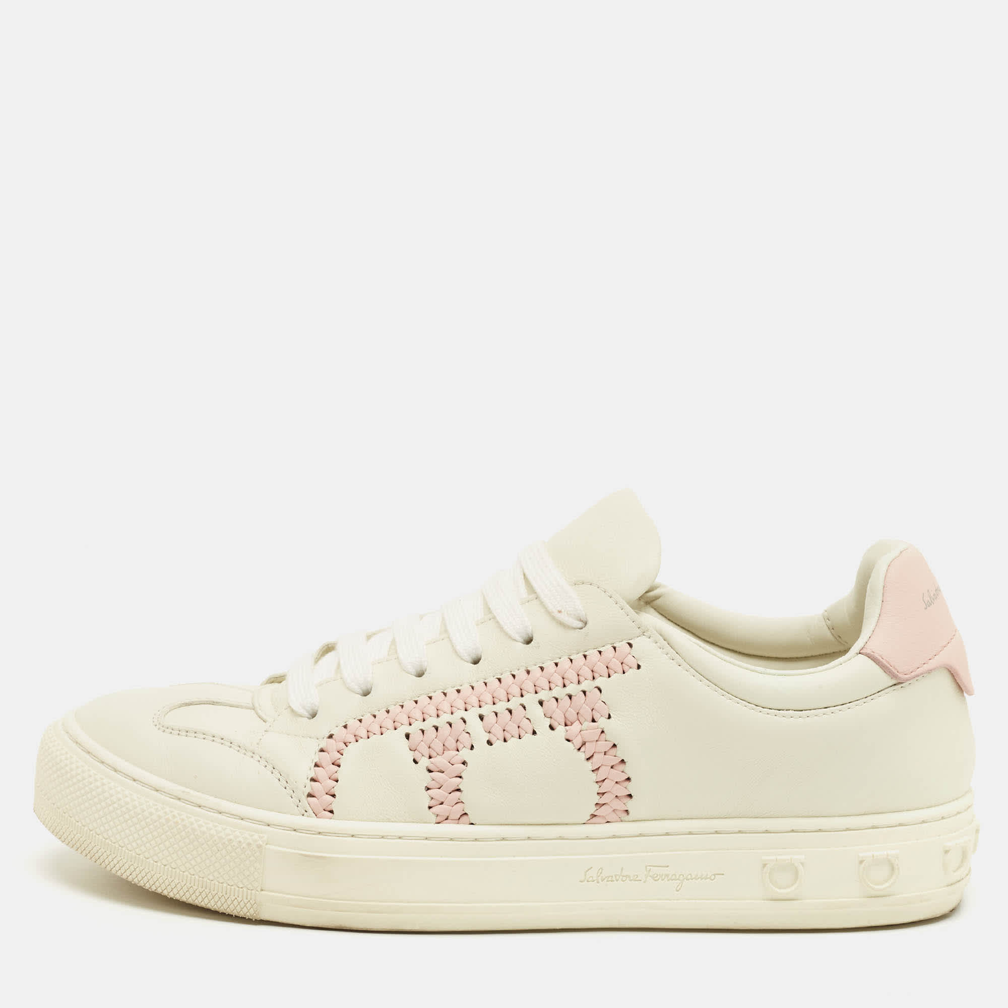 Salvatore Ferragamo Pink/white Leather Pedros Gancini Lace Up Sneakers