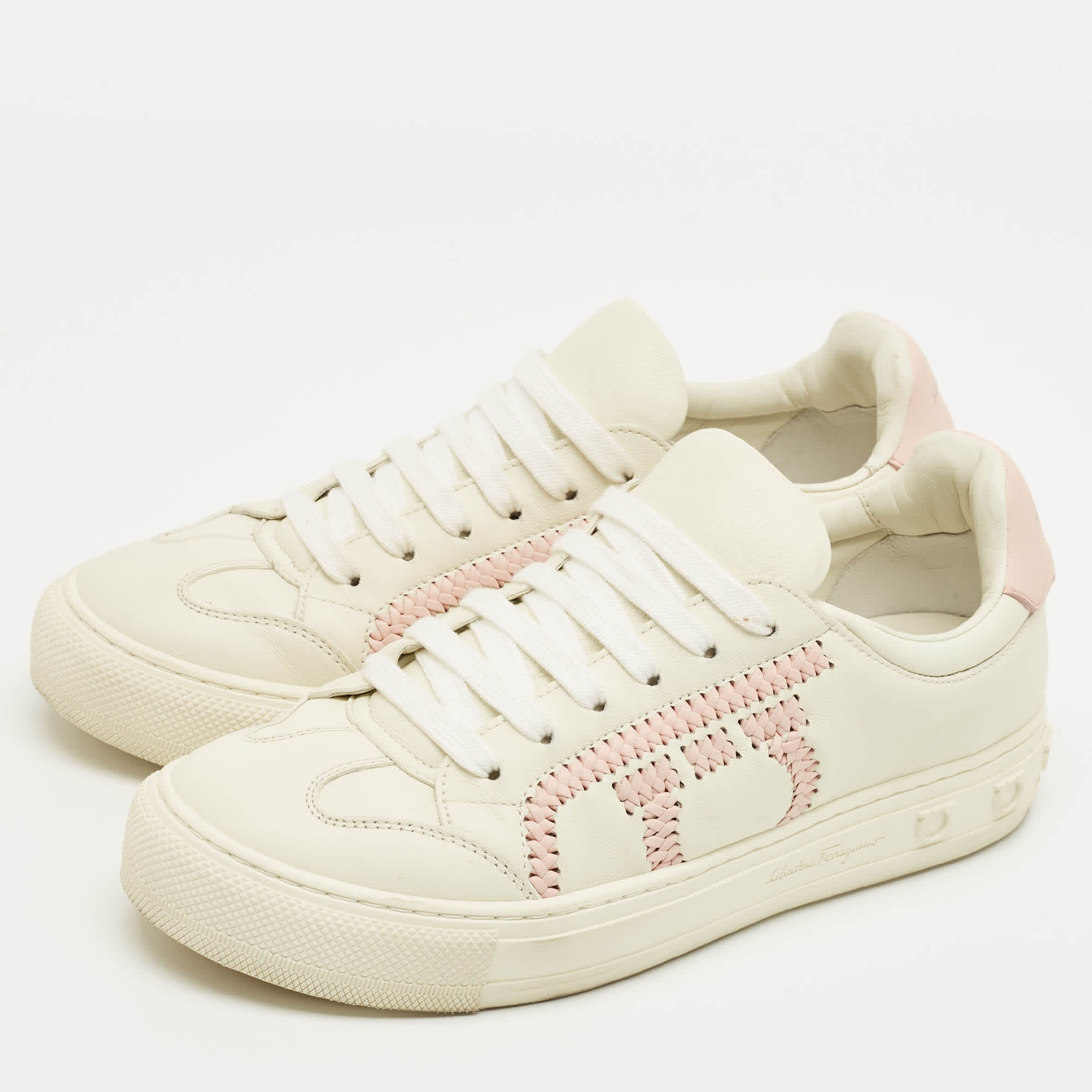 Salvatore Ferragamo Pink/white Leather Pedros Gancini Lace Up Sneakers