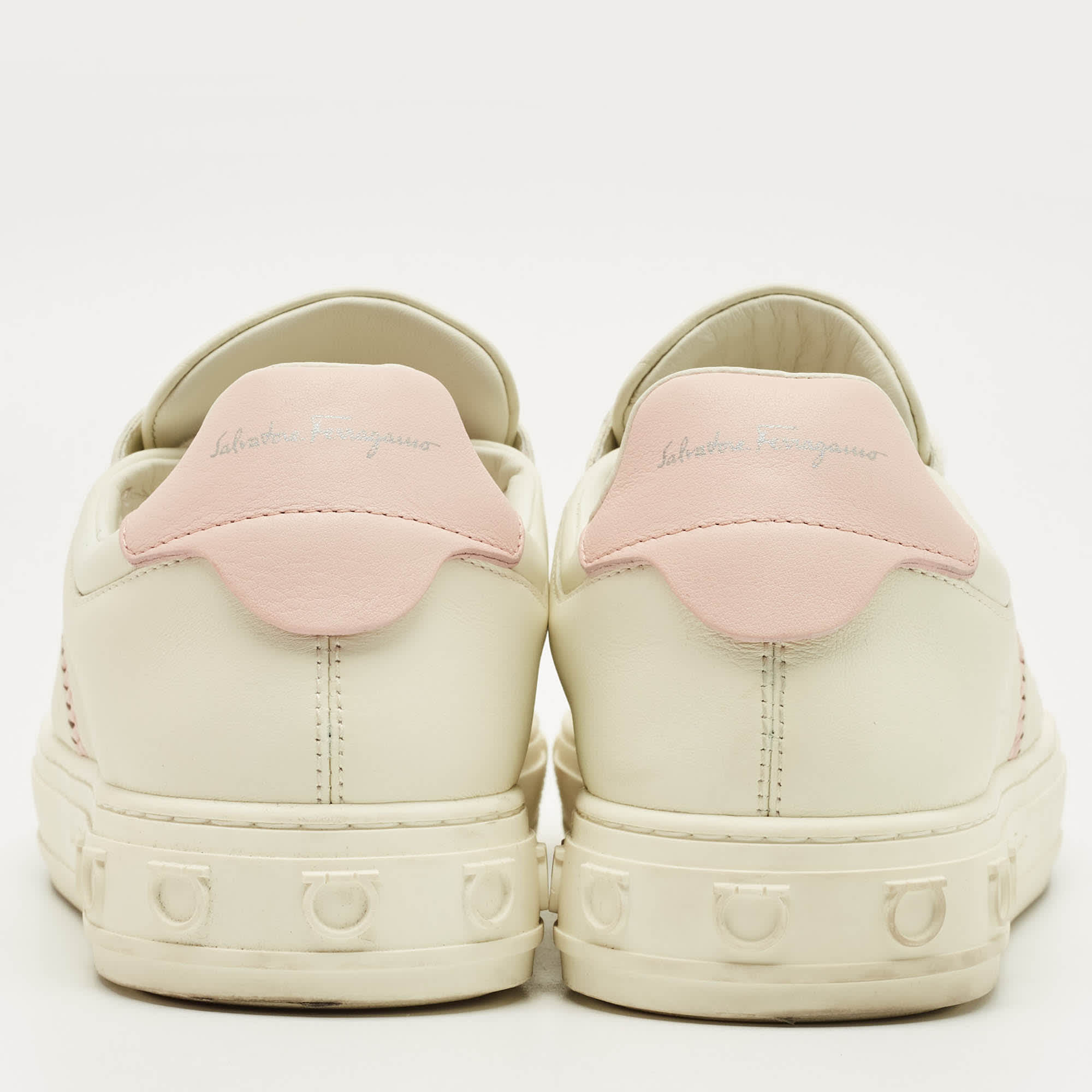 Salvatore Ferragamo Pink/white Leather Pedros Gancini Lace Up Sneakers