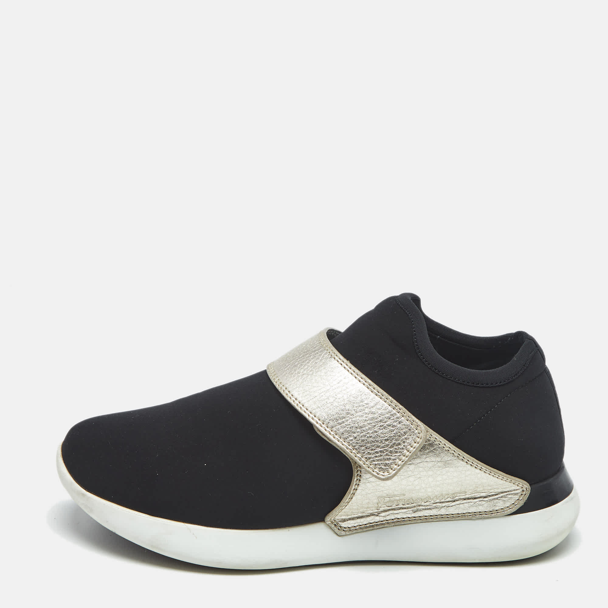 Salvatore Ferragamo Black/gold Leather And Neoprene Palau Sneakers