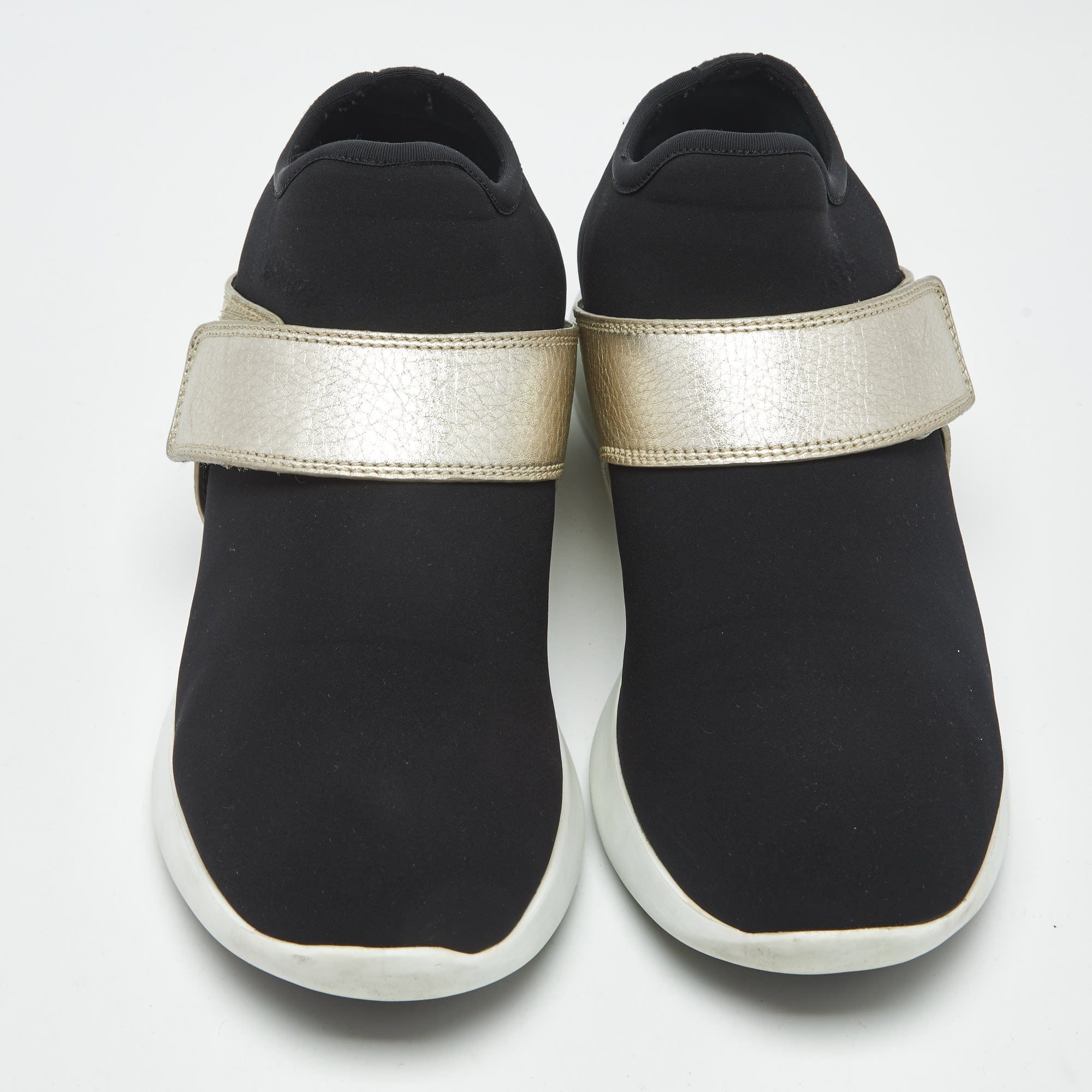 Salvatore Ferragamo Black/gold Leather And Neoprene Palau Sneakers
