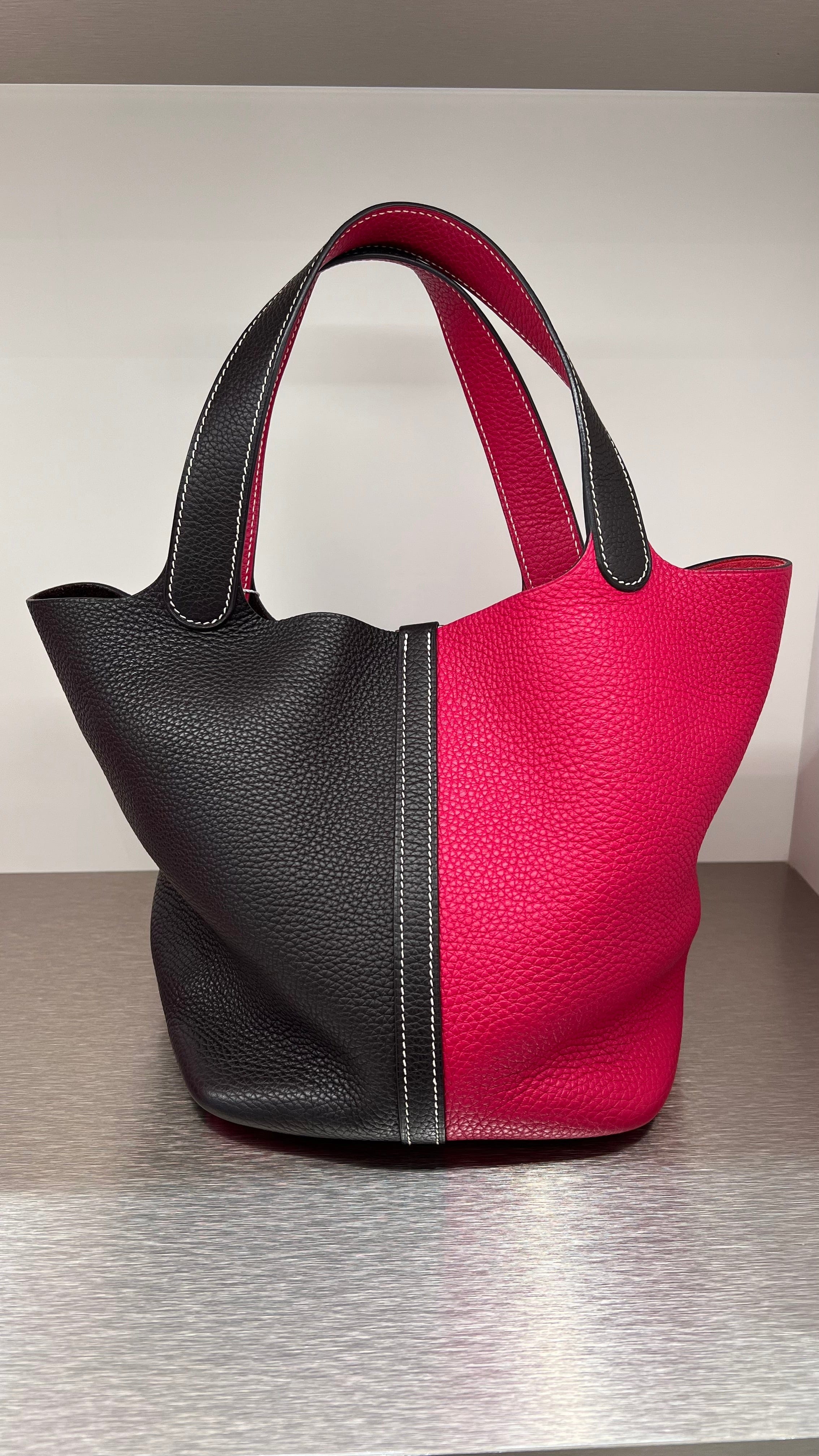 Hermes Picotin 22 Casaque Rose Extreme / Rouge Sellier Clemence PHW SKCH4025