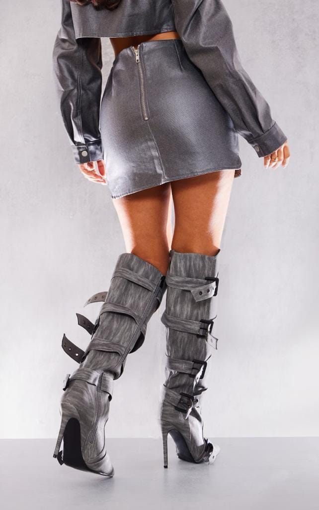 Luxe by Kan Petite Gunmetal Grey Metallic Coated Denim Buckle Detail Mini Skirt