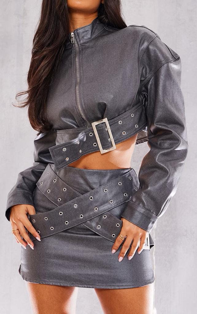 Luxe by Kan Petite Gunmetal Grey Metallic Coated Denim Buckle Detail Mini Skirt
