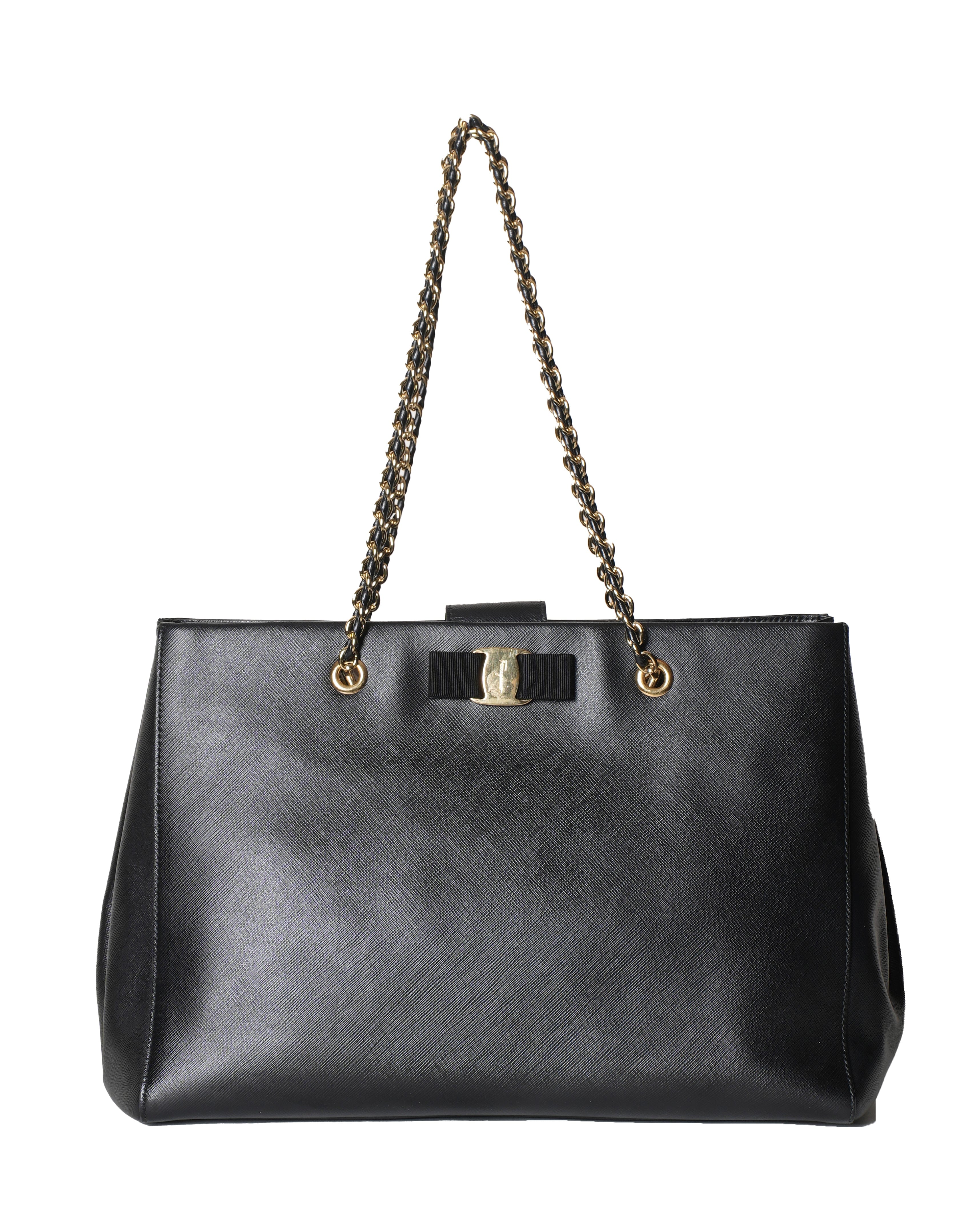Salvatore Ferragamo Leather Vara Bow Chain Black Tote Bag