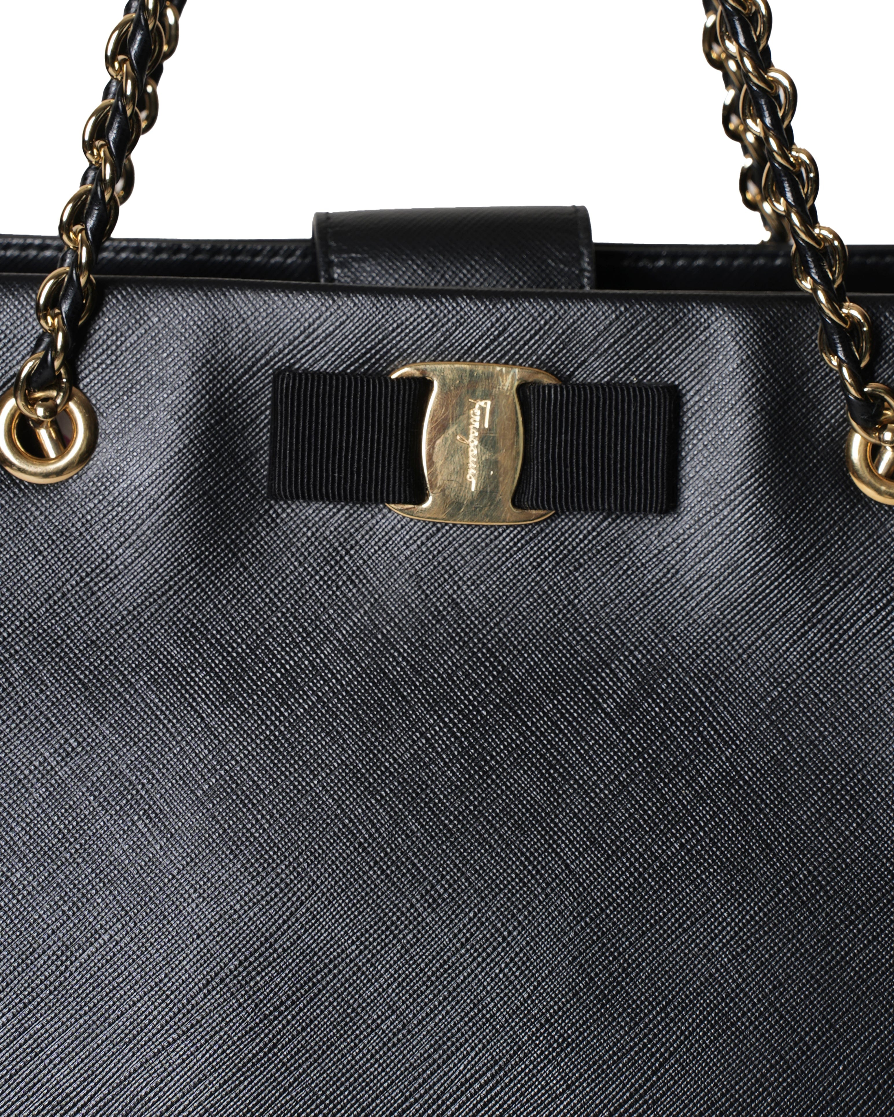 Salvatore Ferragamo Leather Vara Bow Chain Black Tote Bag