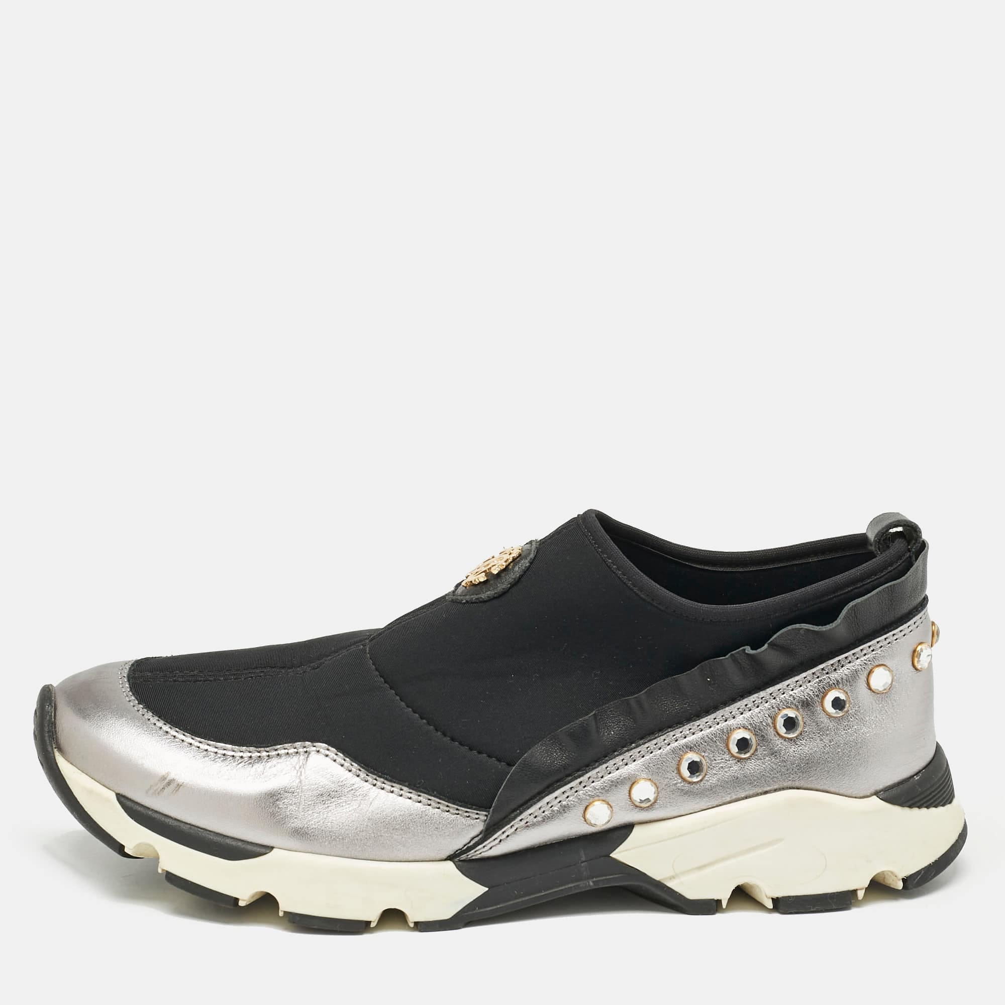Roberto Cavalli Black/silver Nylon And Leather Crystal Embellished Slip On Sneakers