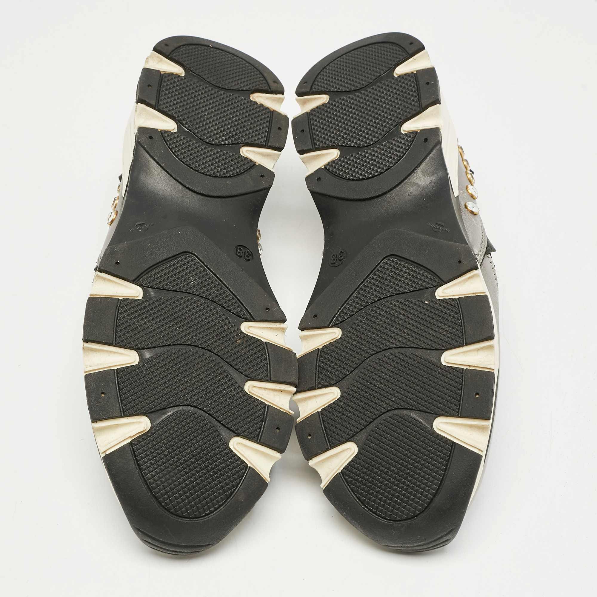 Roberto Cavalli Black/silver Nylon And Leather Crystal Embellished Slip On Sneakers
