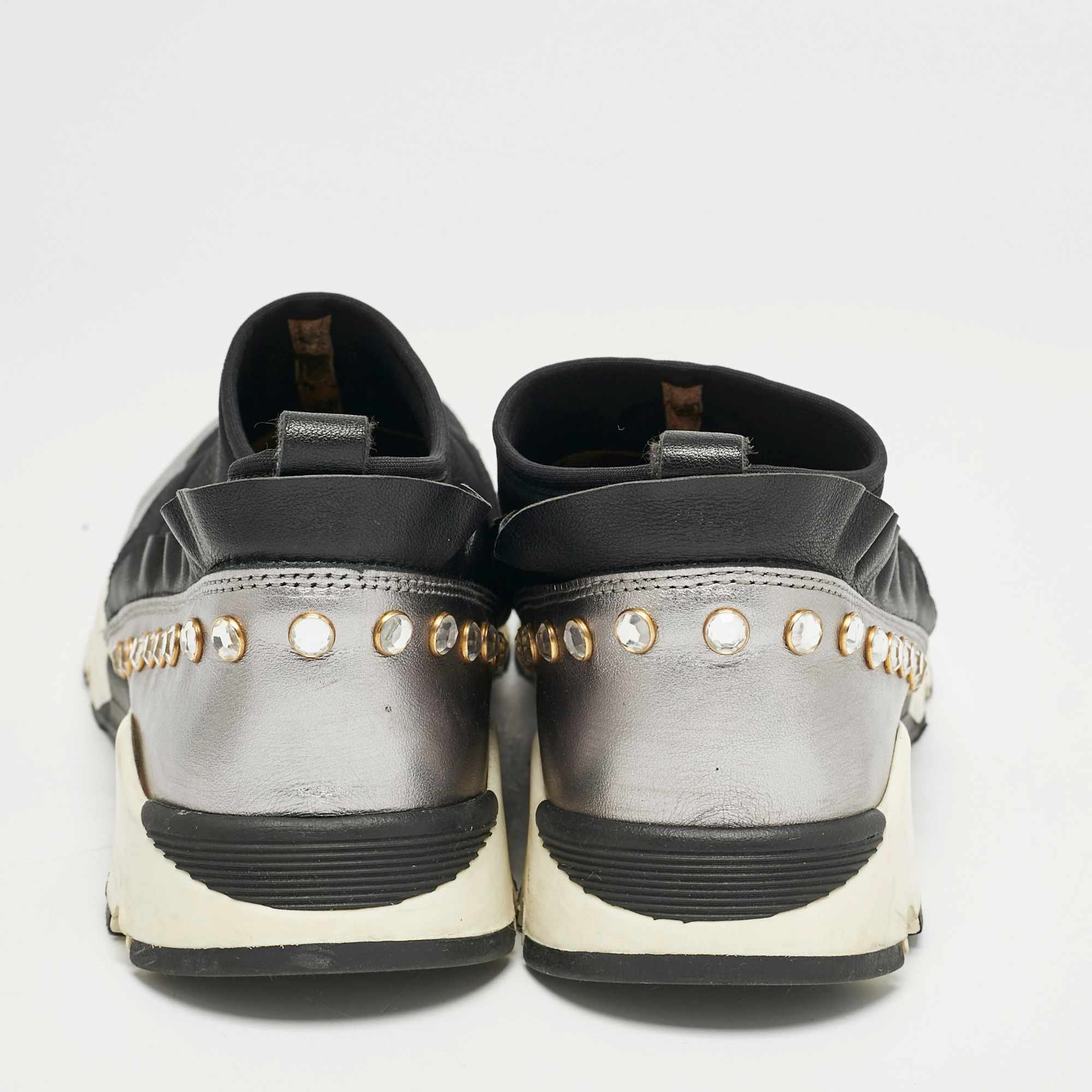 Roberto Cavalli Black/silver Nylon And Leather Crystal Embellished Slip On Sneakers