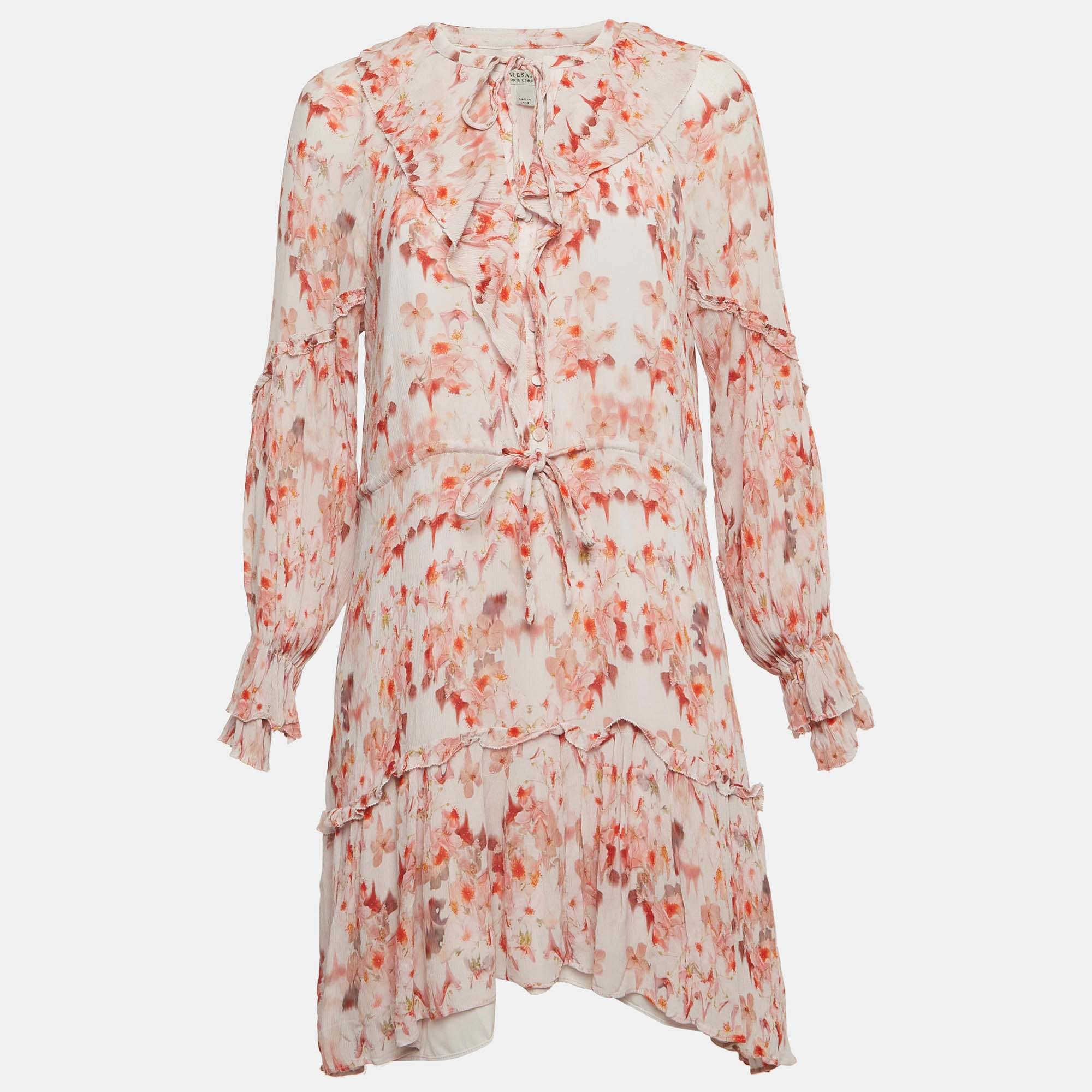 All Saints Multicolor Floral Print Crinkled Chiffon Ava Momo Mini Dress