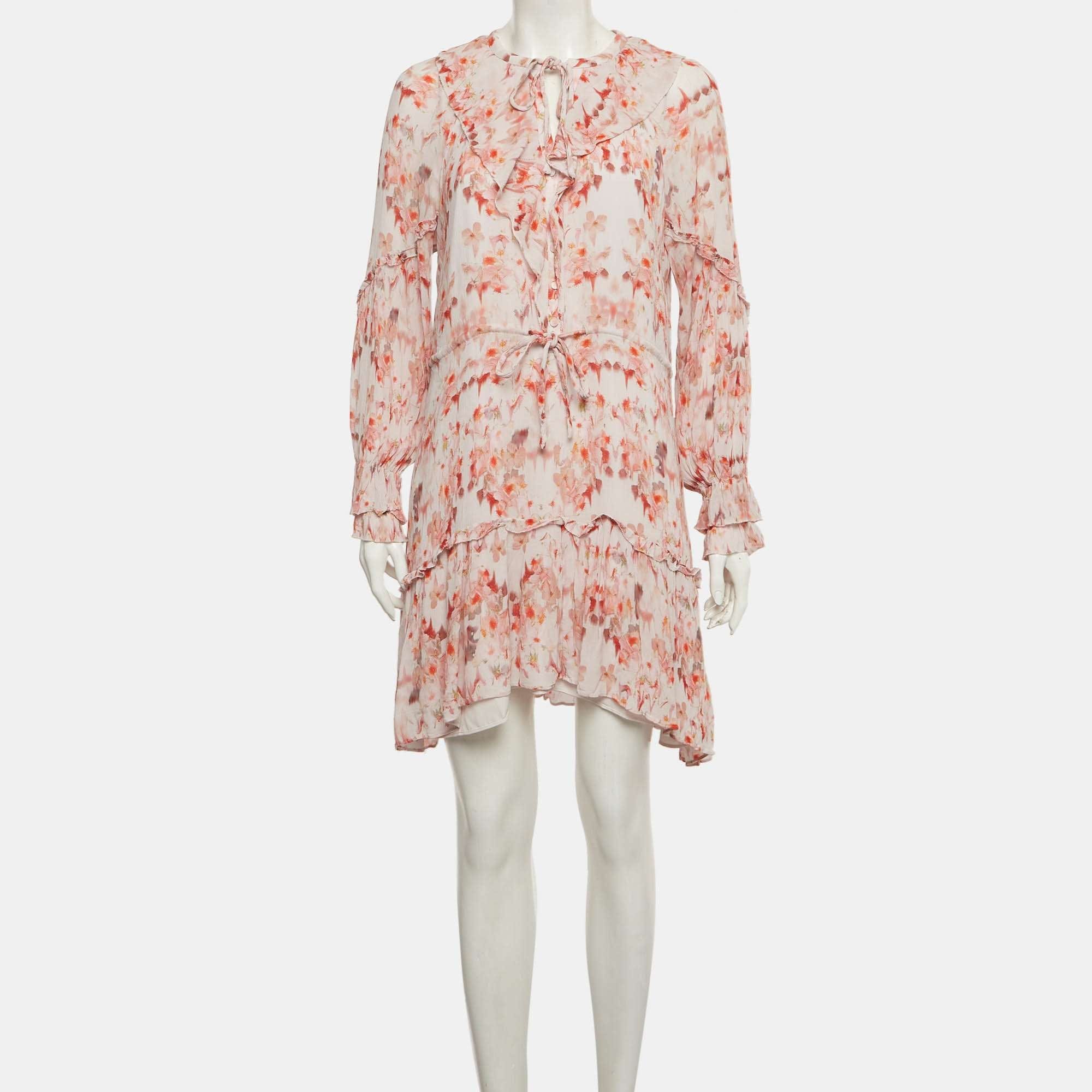 All Saints Multicolor Floral Print Crinkled Chiffon Ava Momo Mini Dress
