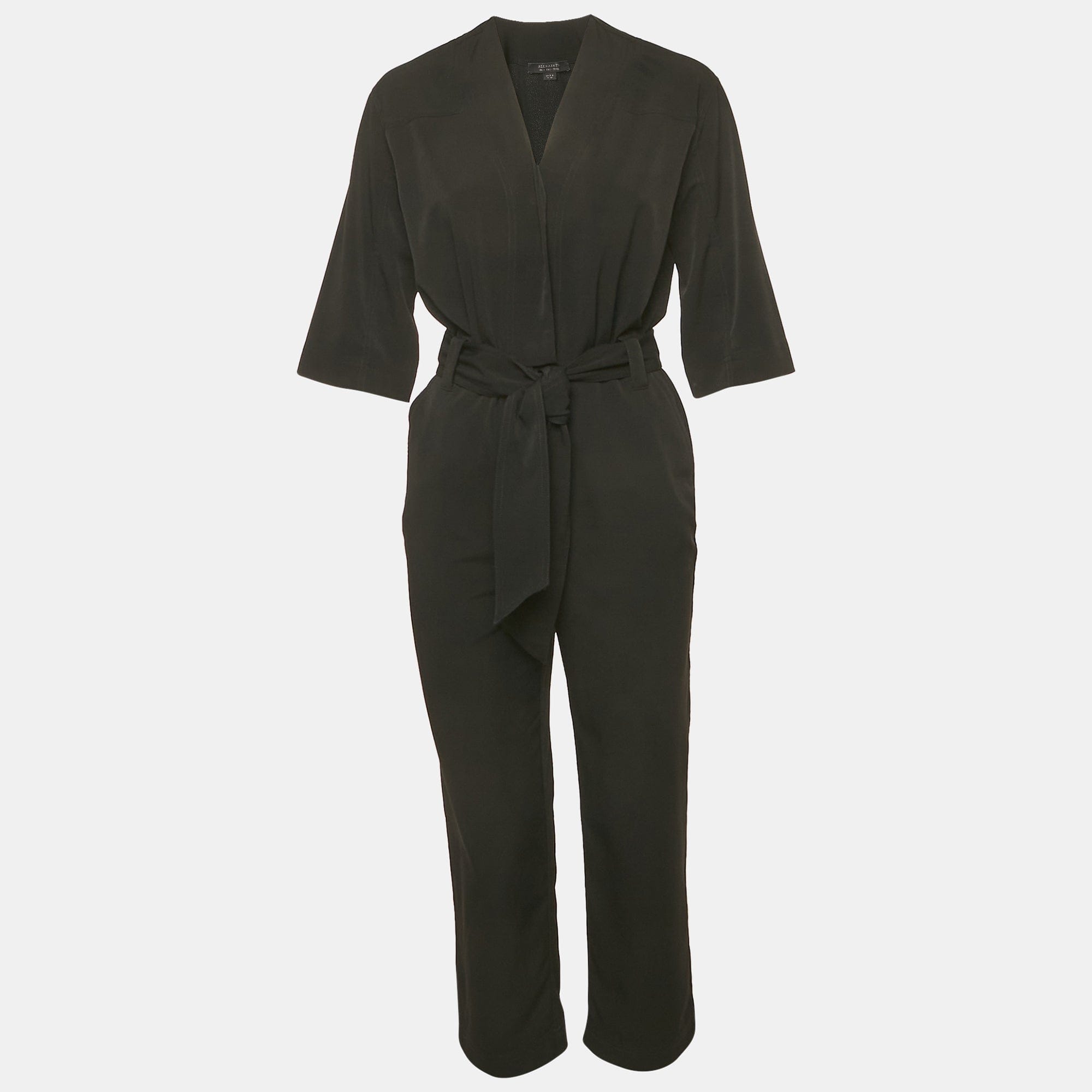All Saints Black Crepe Belted Cropped Hailey Jumpsuit