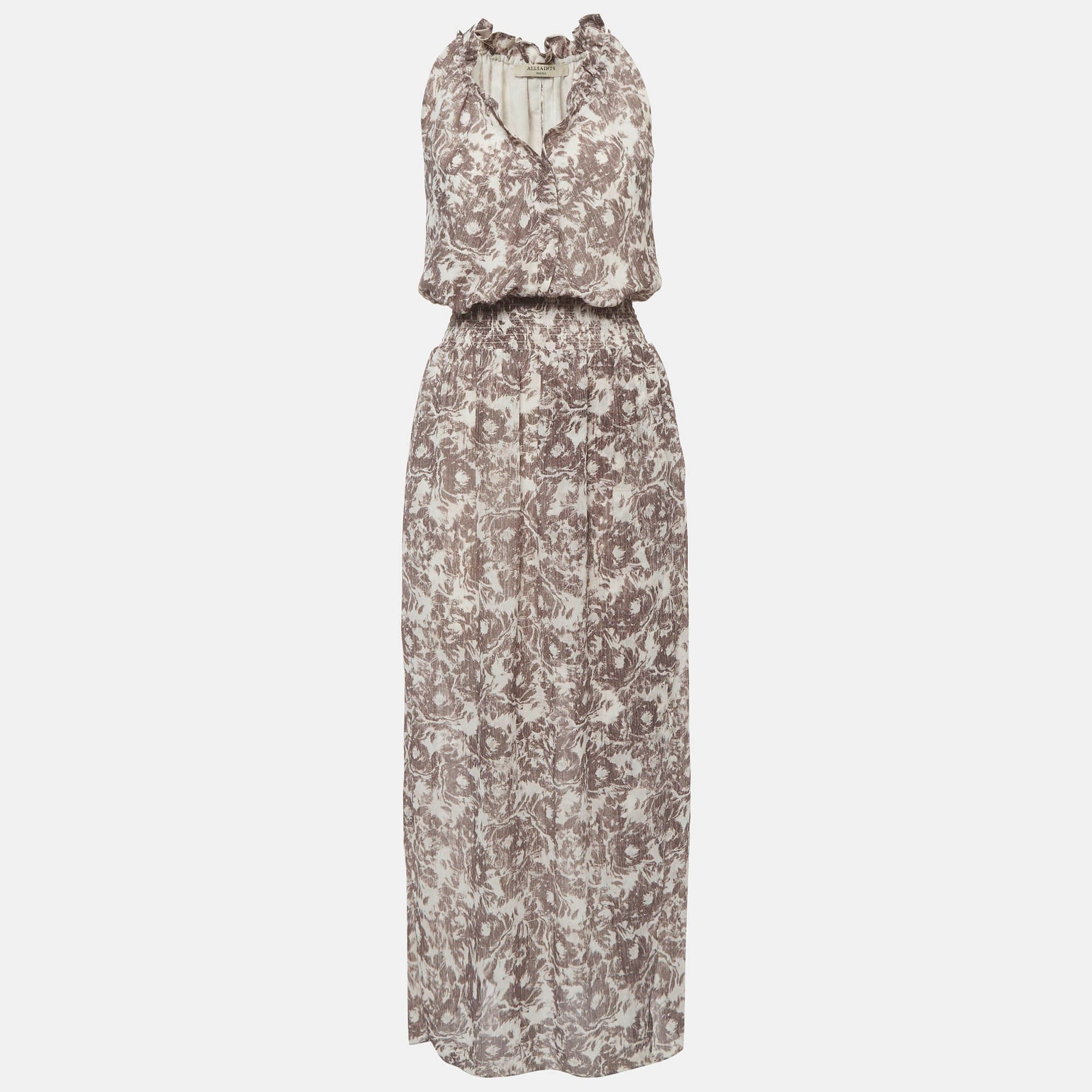 All Saints Grey Floral Print Crepe Nylah Rosa Maxi Dress