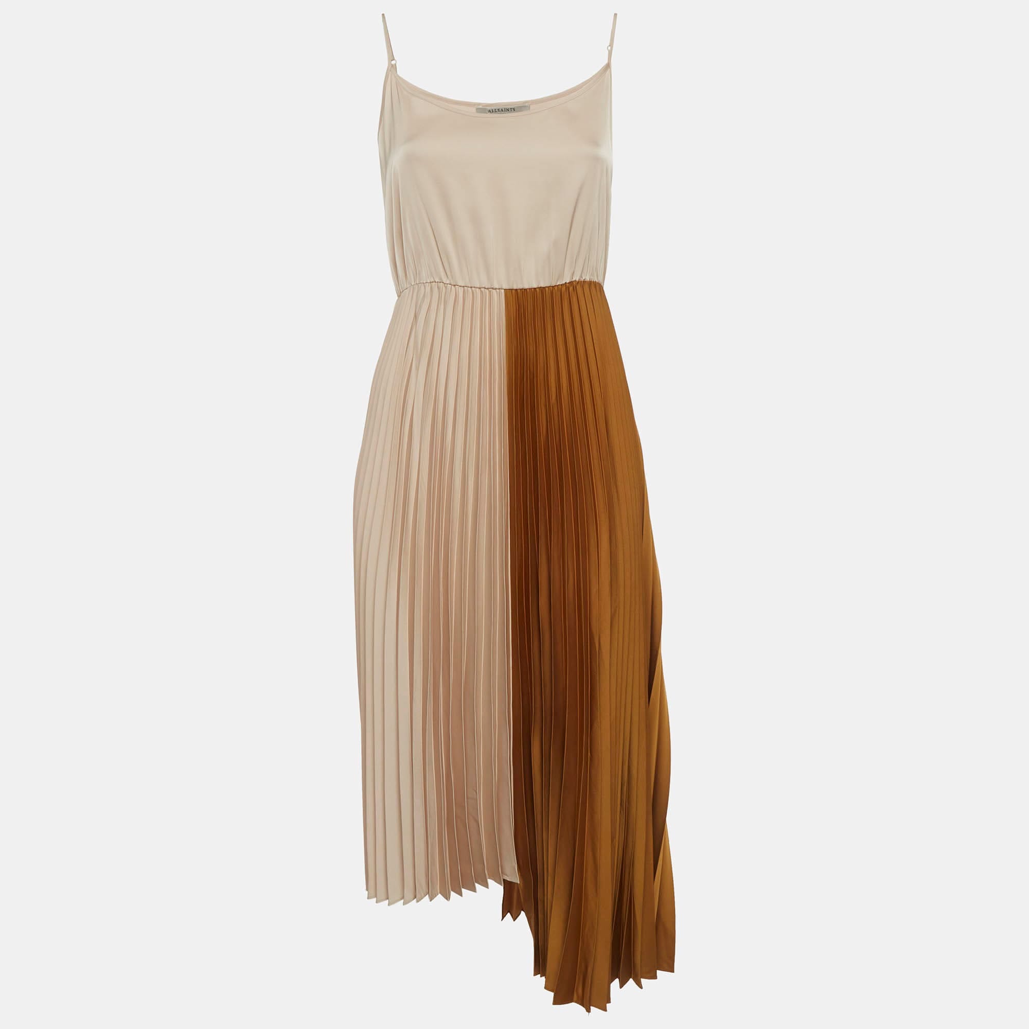 All Saints Beige/gold Satin Asymmetric Jessie 2 - In - 1 Dress