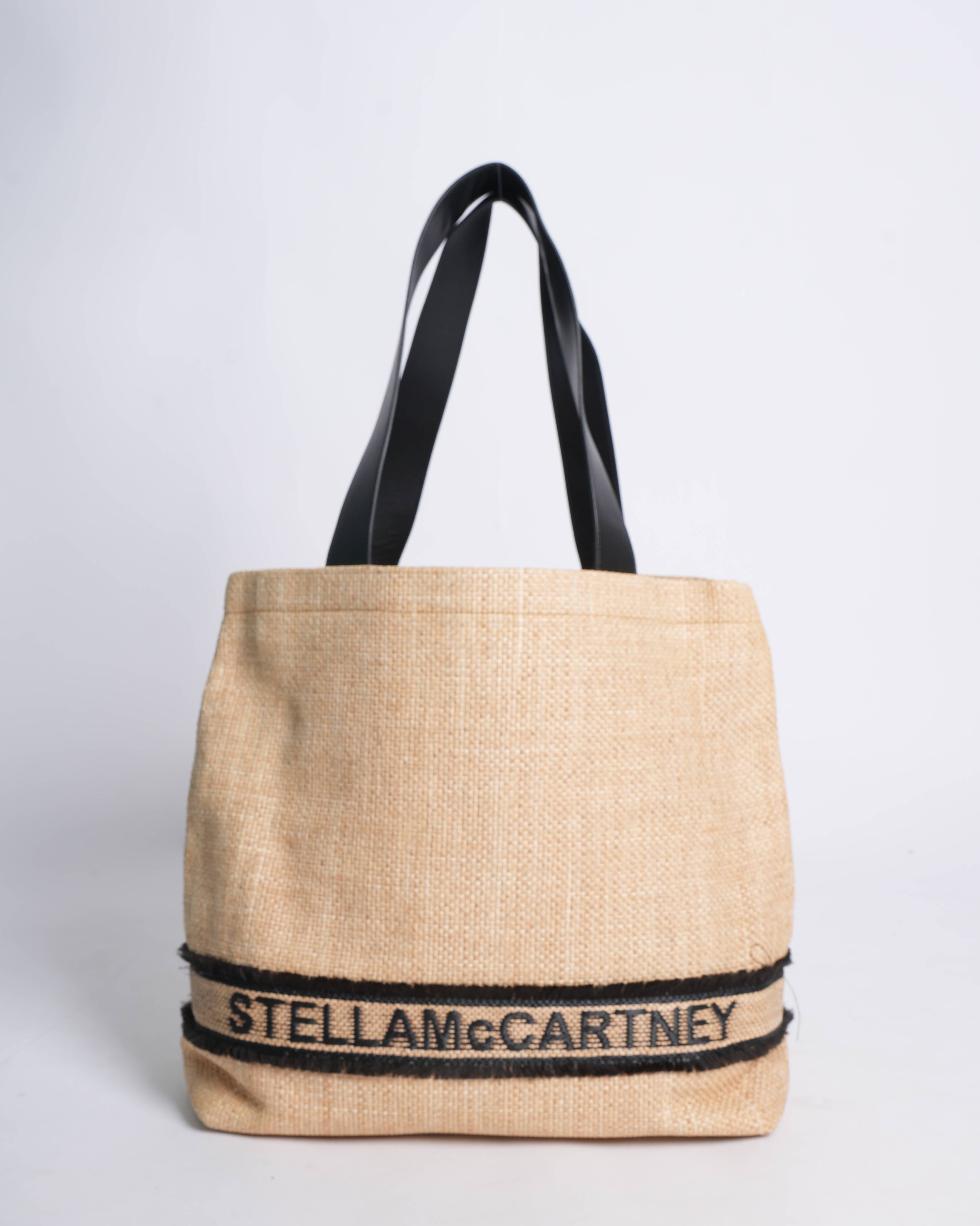 Stella Mccartney Beige/Black Woven Raffia and Leather Logo Tote