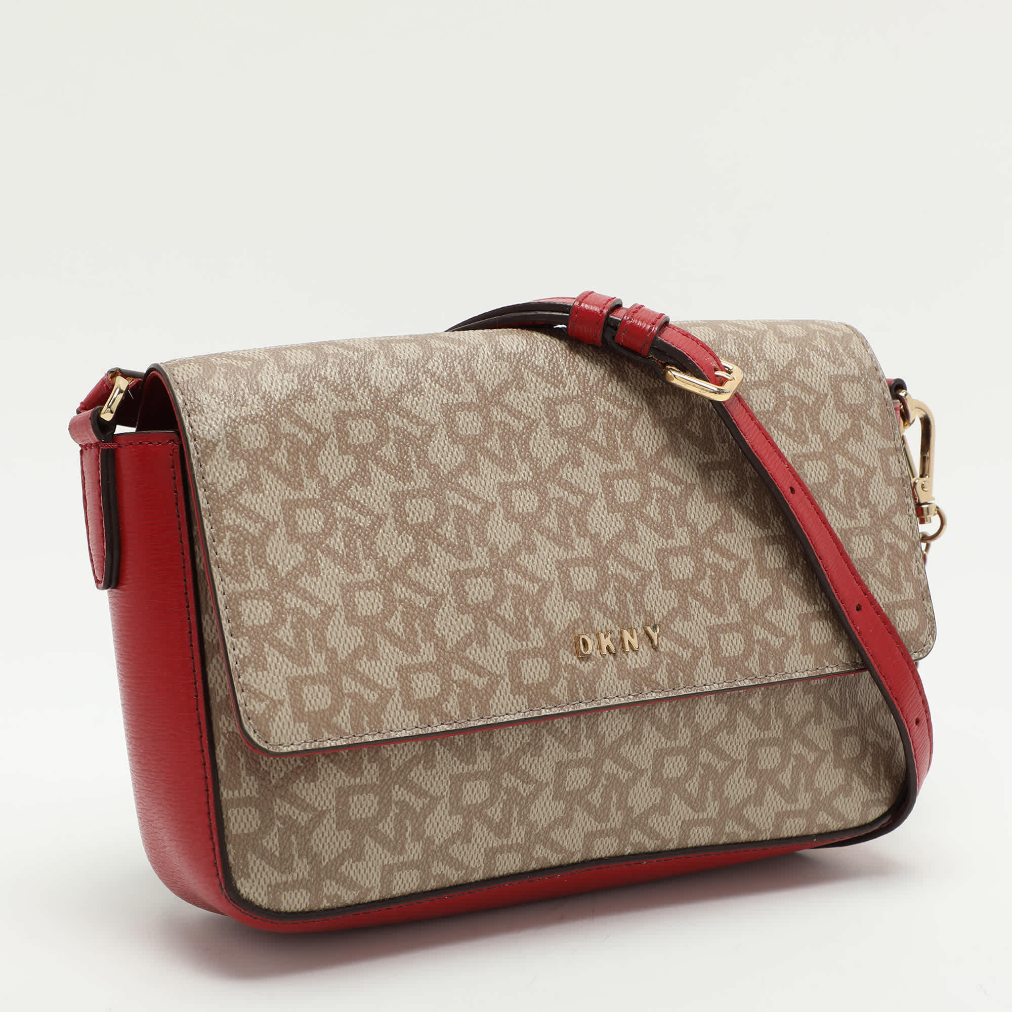 Dkny Beige/red Signature Coated Canvas And Leather Crossbody Bag