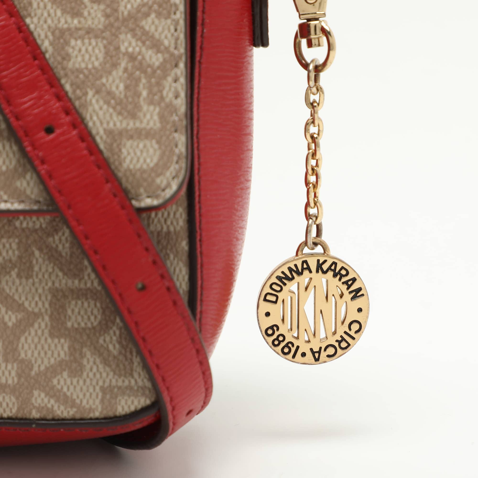 Dkny Beige/red Signature Coated Canvas And Leather Crossbody Bag