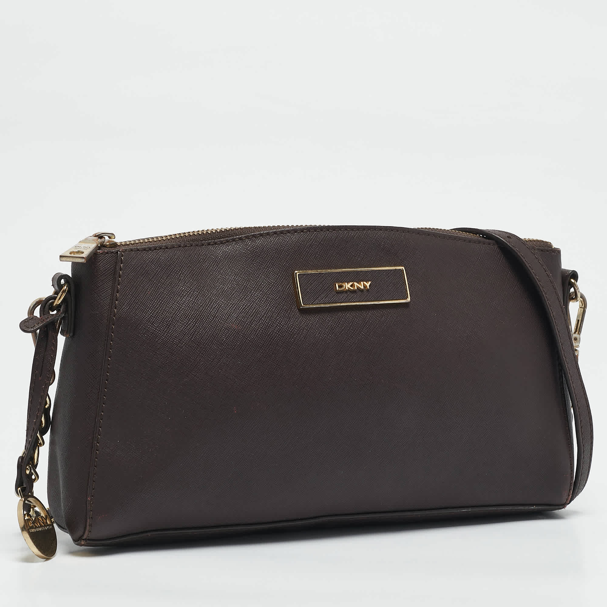 Dkny Dark Brown Saffiano Leather Bryant Park Zip Crossbody Bag
