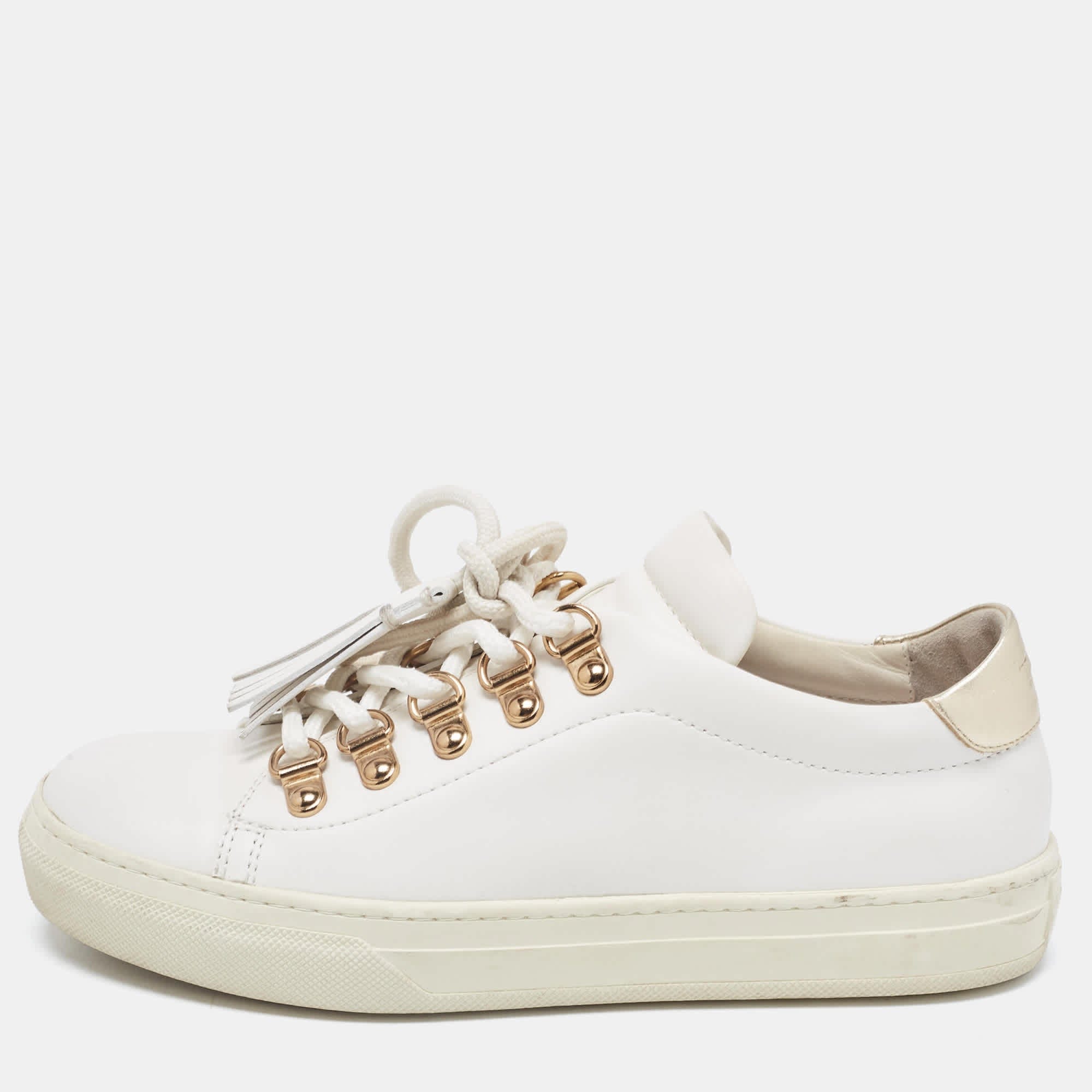 Tod's White Leather Tassel Lace Up Sneakers