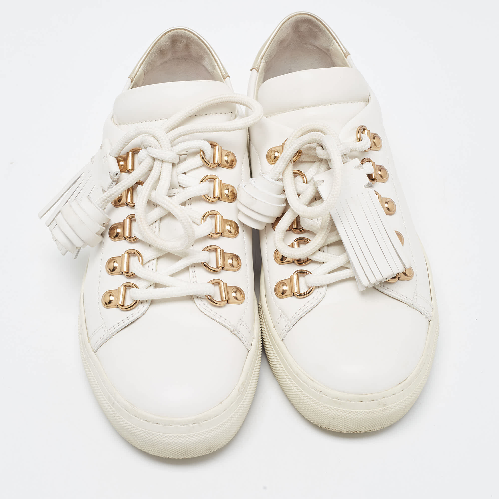 Tod's White Leather Tassel Lace Up Sneakers