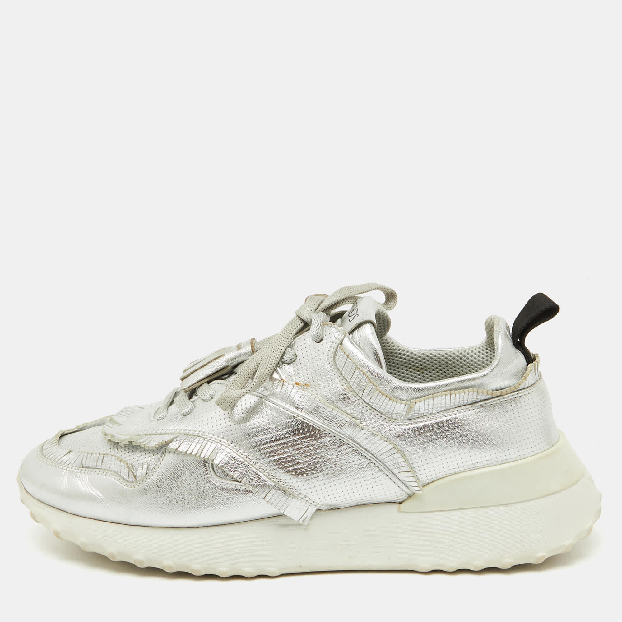 Tod's Silver Perforated Leather Low Top Sneakers