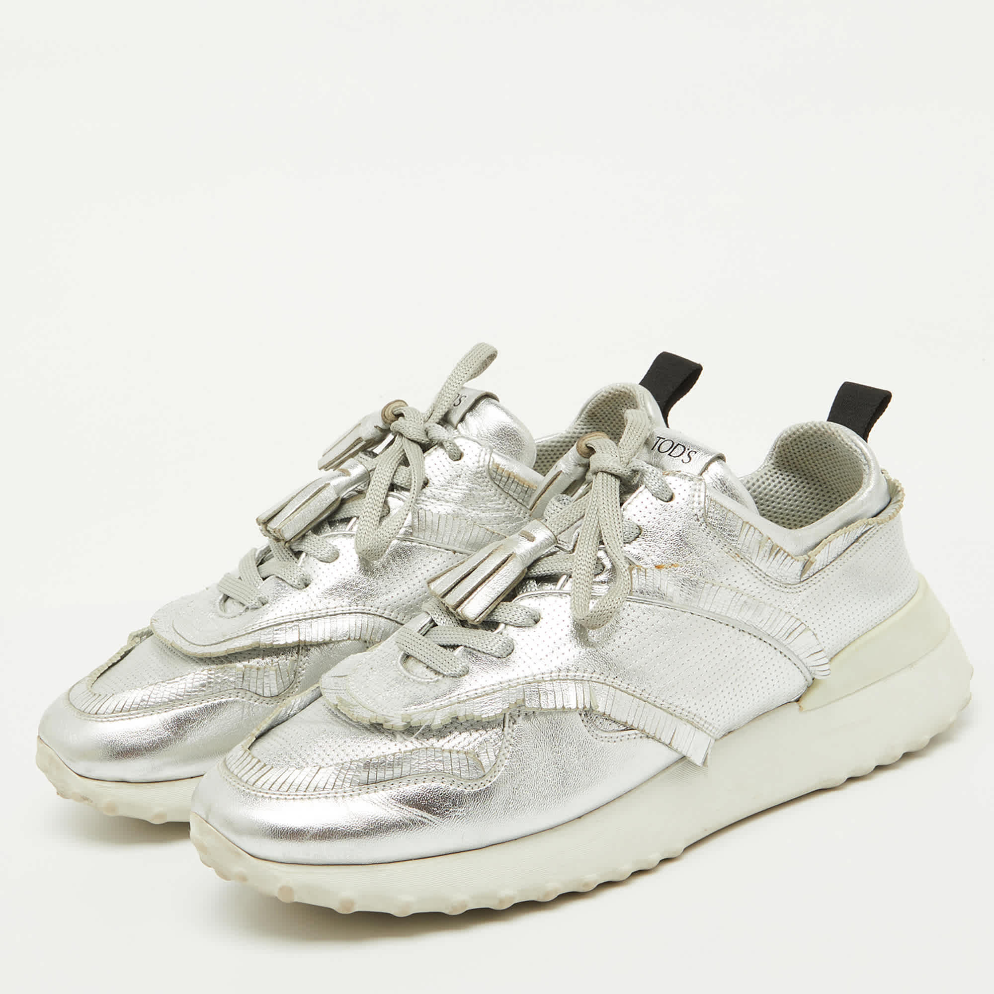 Tod's Silver Perforated Leather Low Top Sneakers