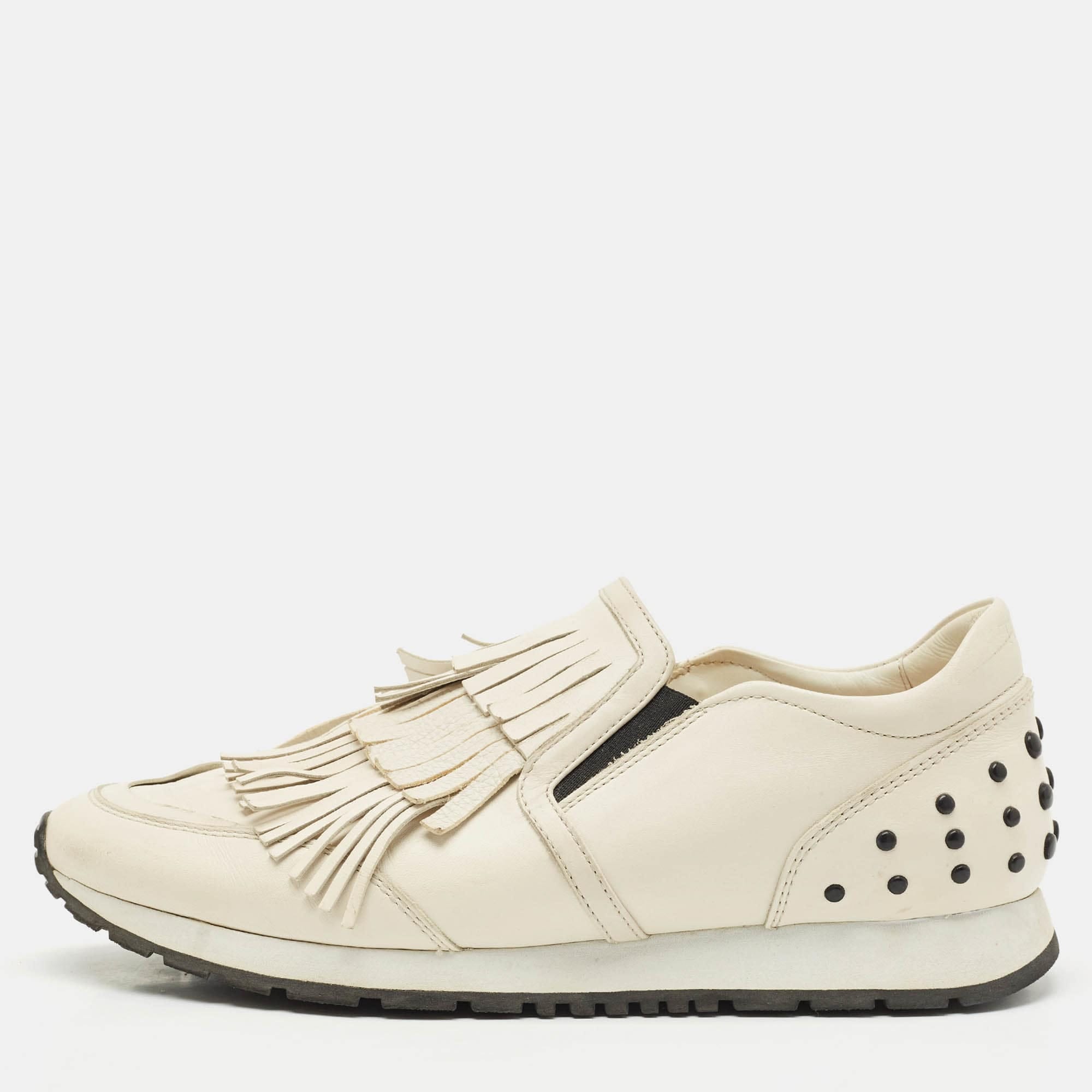 Tod's Cream Leather Fringe Slip On Sneakers