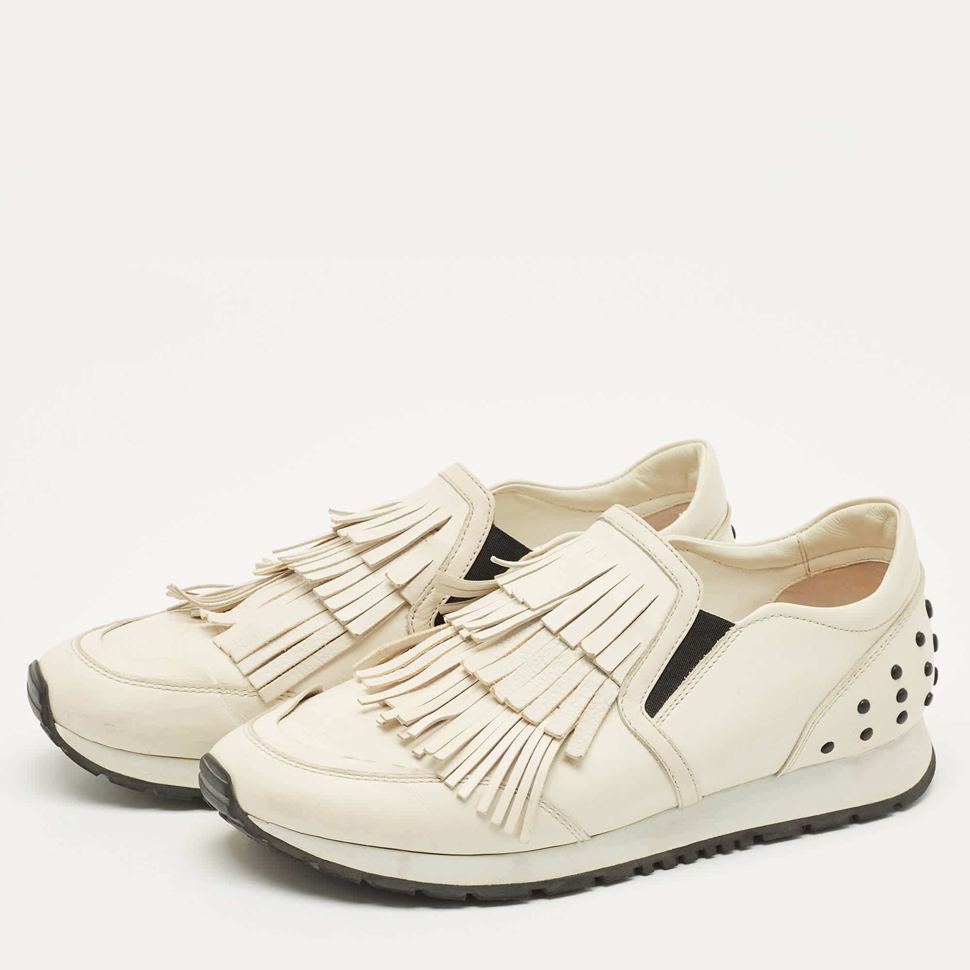 Tod's Cream Leather Fringe Slip On Sneakers