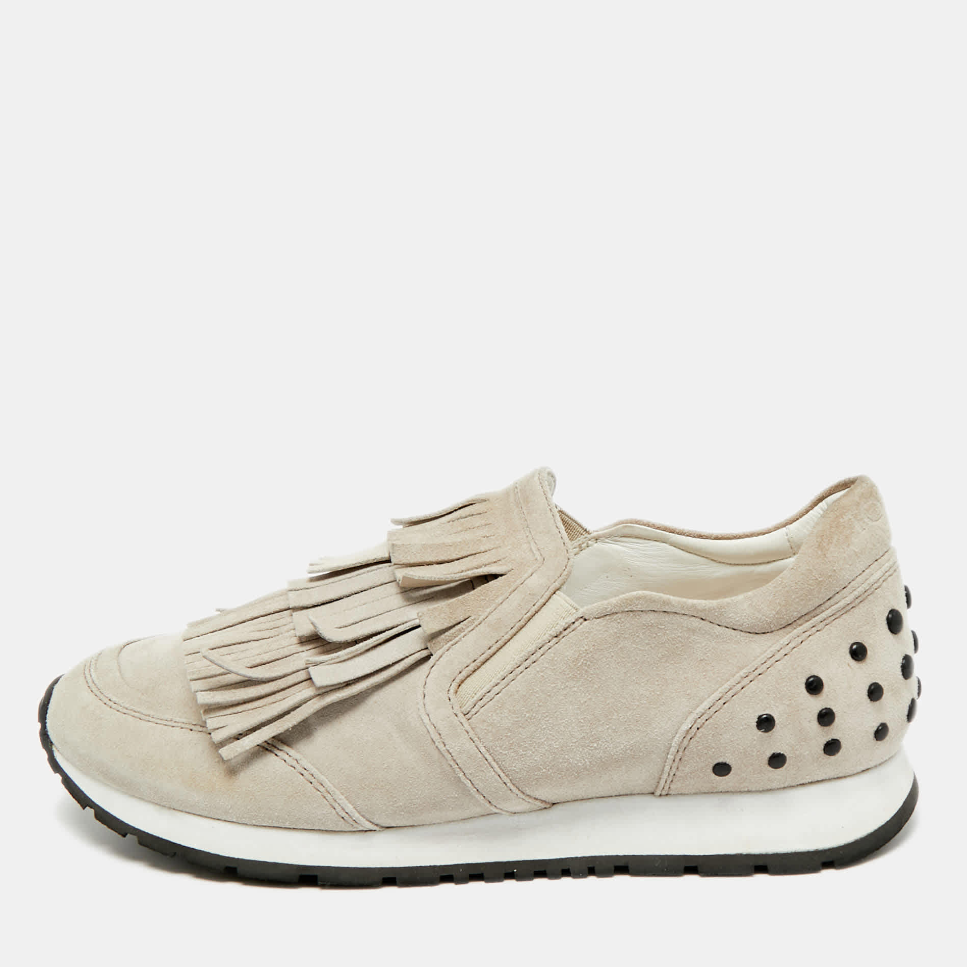 Tod's Light Grey Suede Fringe Detail Slip On Sneakers