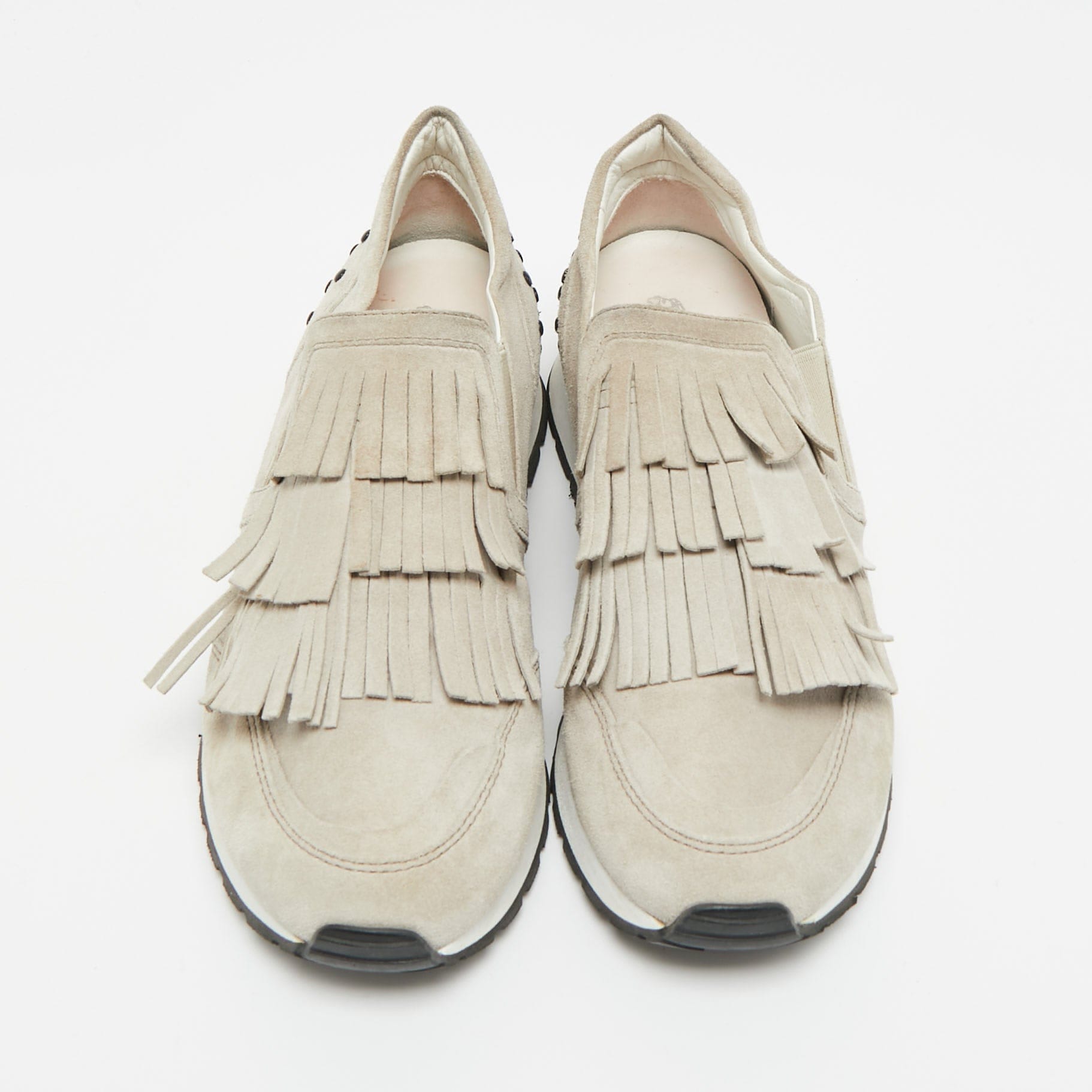 Tod's Light Grey Suede Fringe Detail Slip On Sneakers