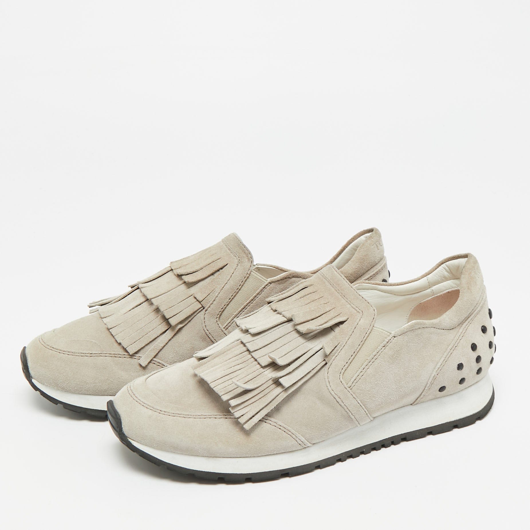 Tod's Light Grey Suede Fringe Detail Slip On Sneakers