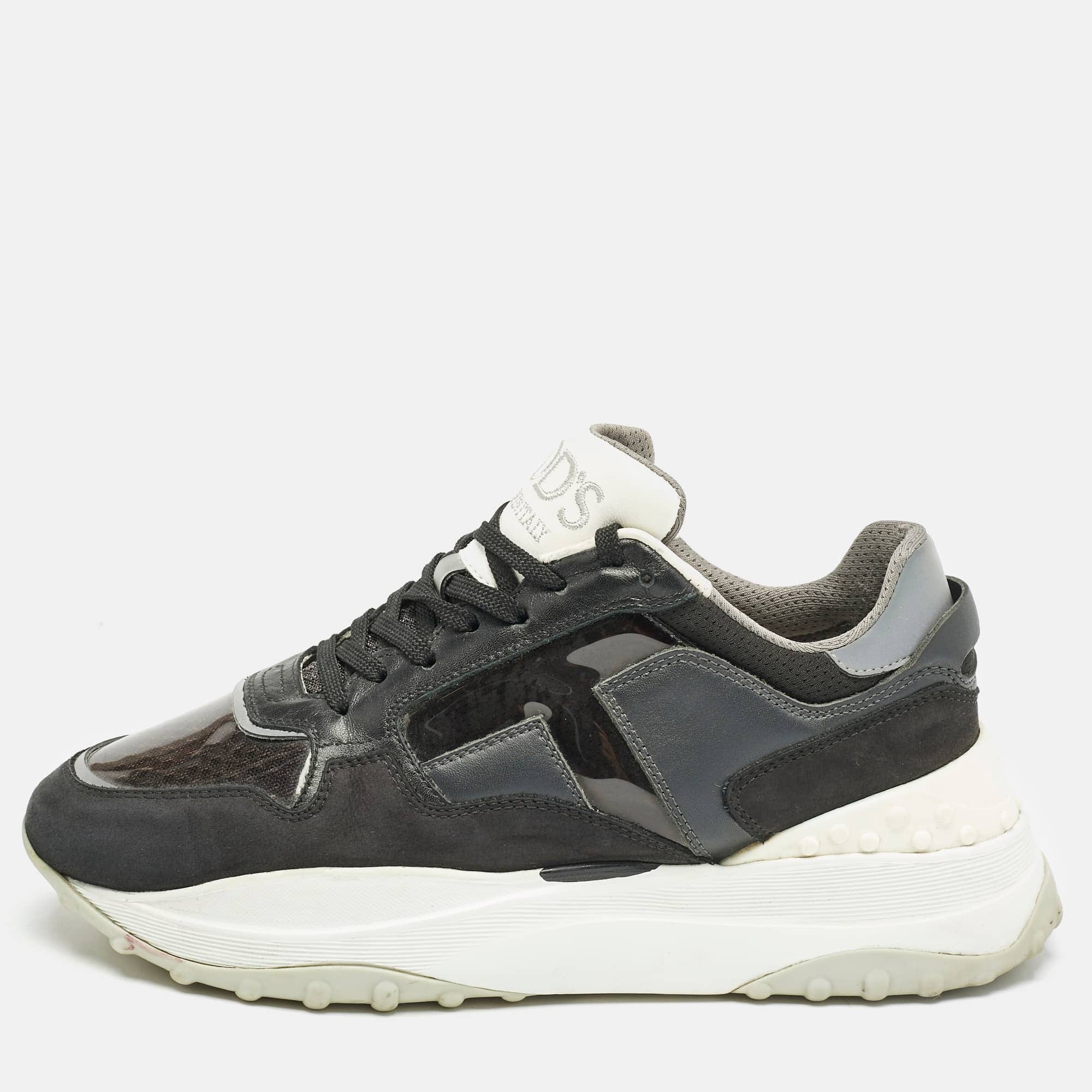 Tod's Black/grey Perforated Leather And Patent Low Top Sneakers