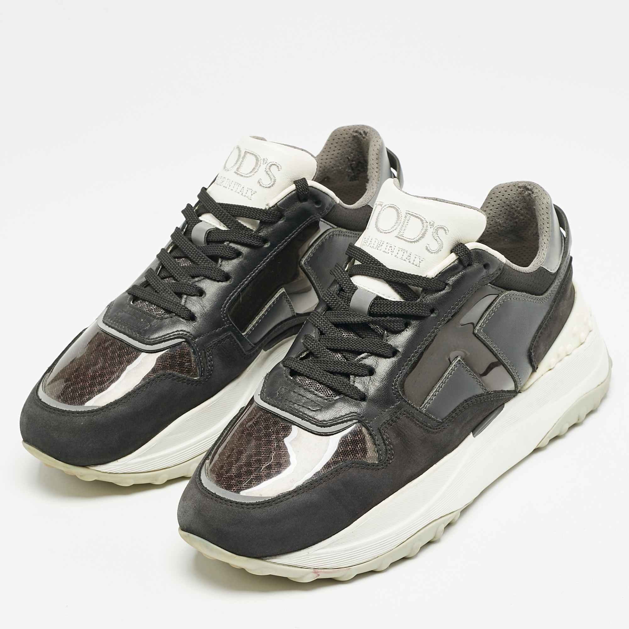 Tod's Black/grey Perforated Leather And Patent Low Top Sneakers