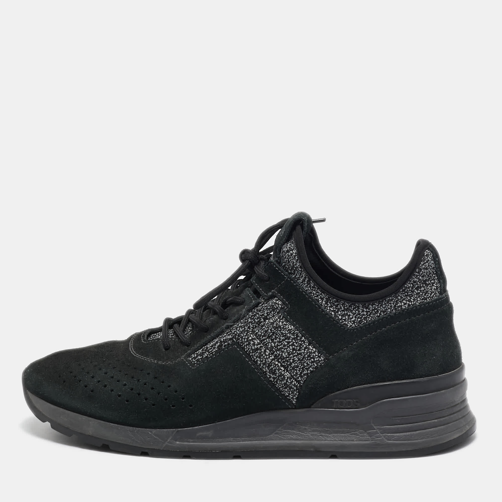 Tod's Black/grey Knit Fabric And Suede Lace Up Sneakers