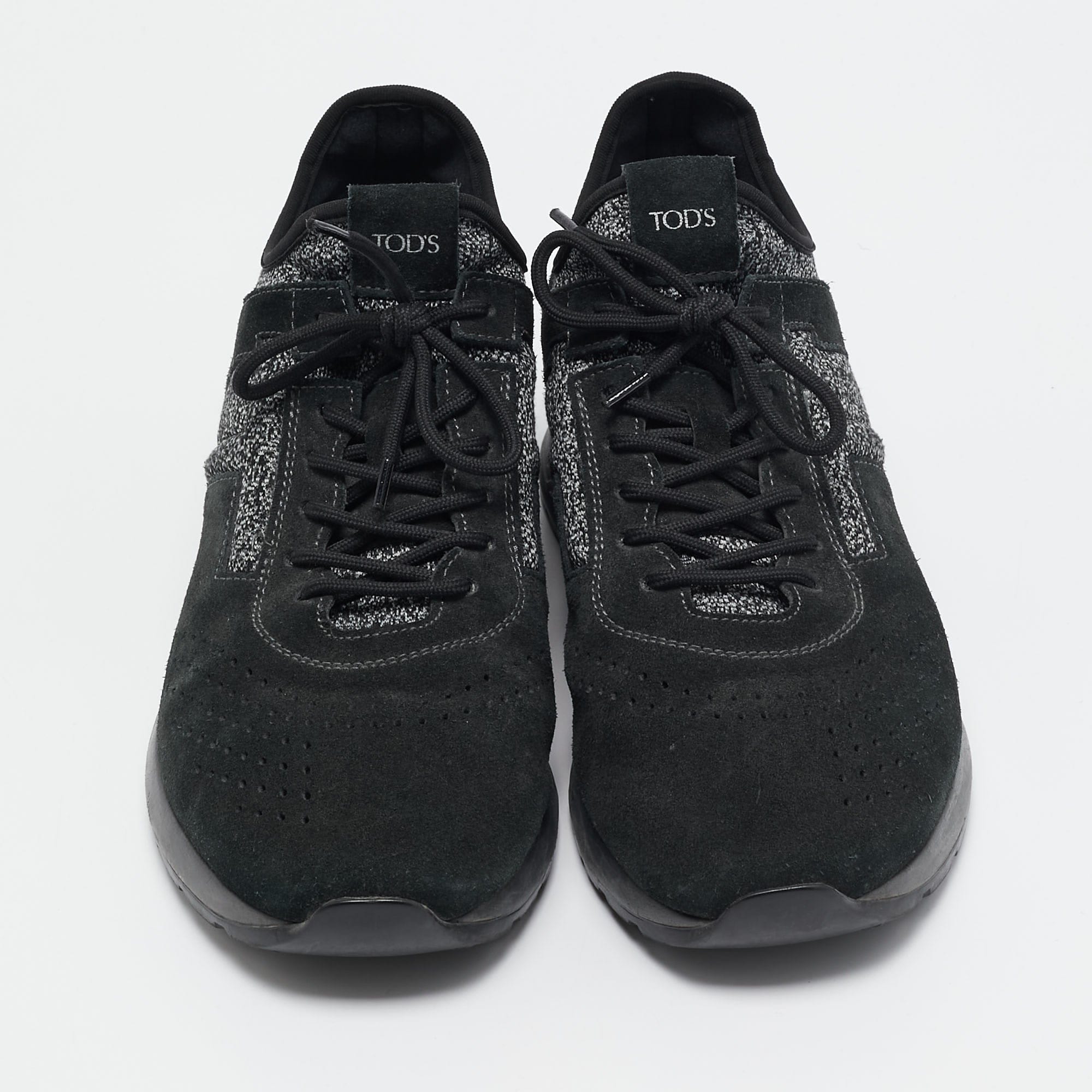 Tod's Black/grey Knit Fabric And Suede Lace Up Sneakers