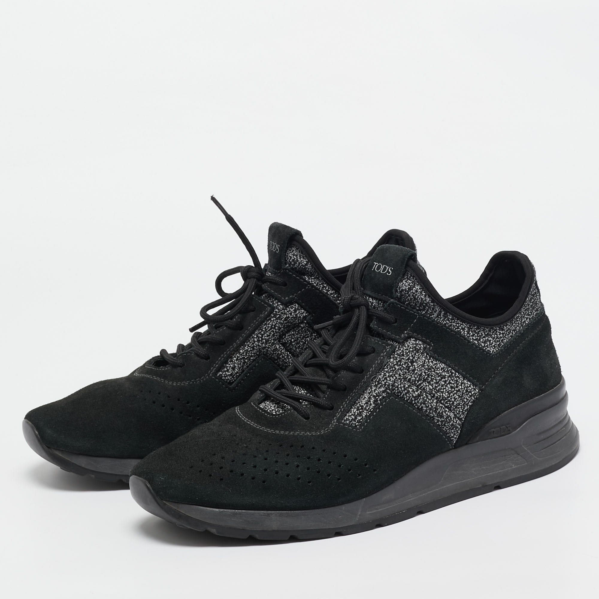 Tod's Black/grey Knit Fabric And Suede Lace Up Sneakers