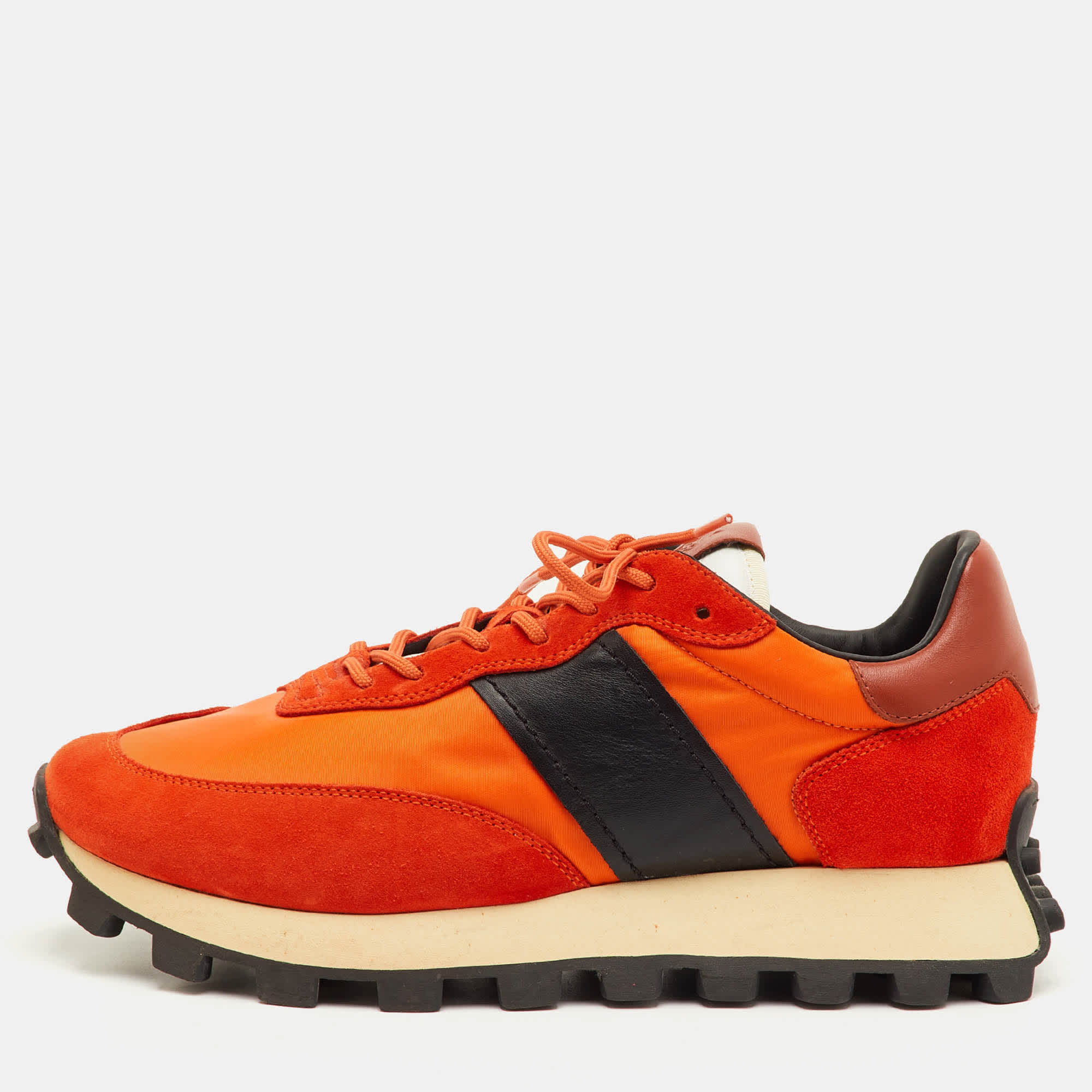 Tod's Size 41.5 Orange/black Fabric Leather And Suede Low Top Sneakers