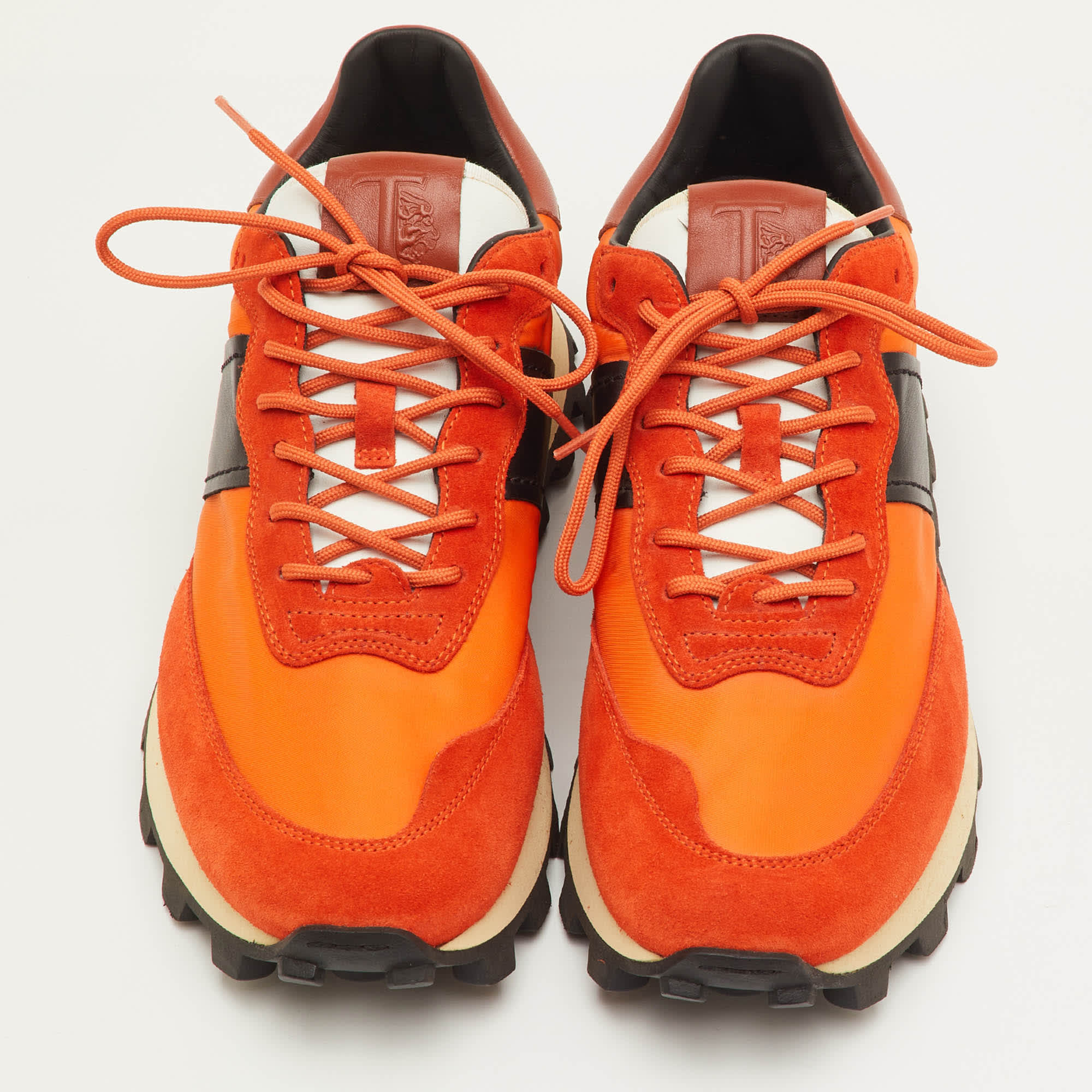 Tod's Size 41.5 Orange/black Fabric Leather And Suede Low Top Sneakers