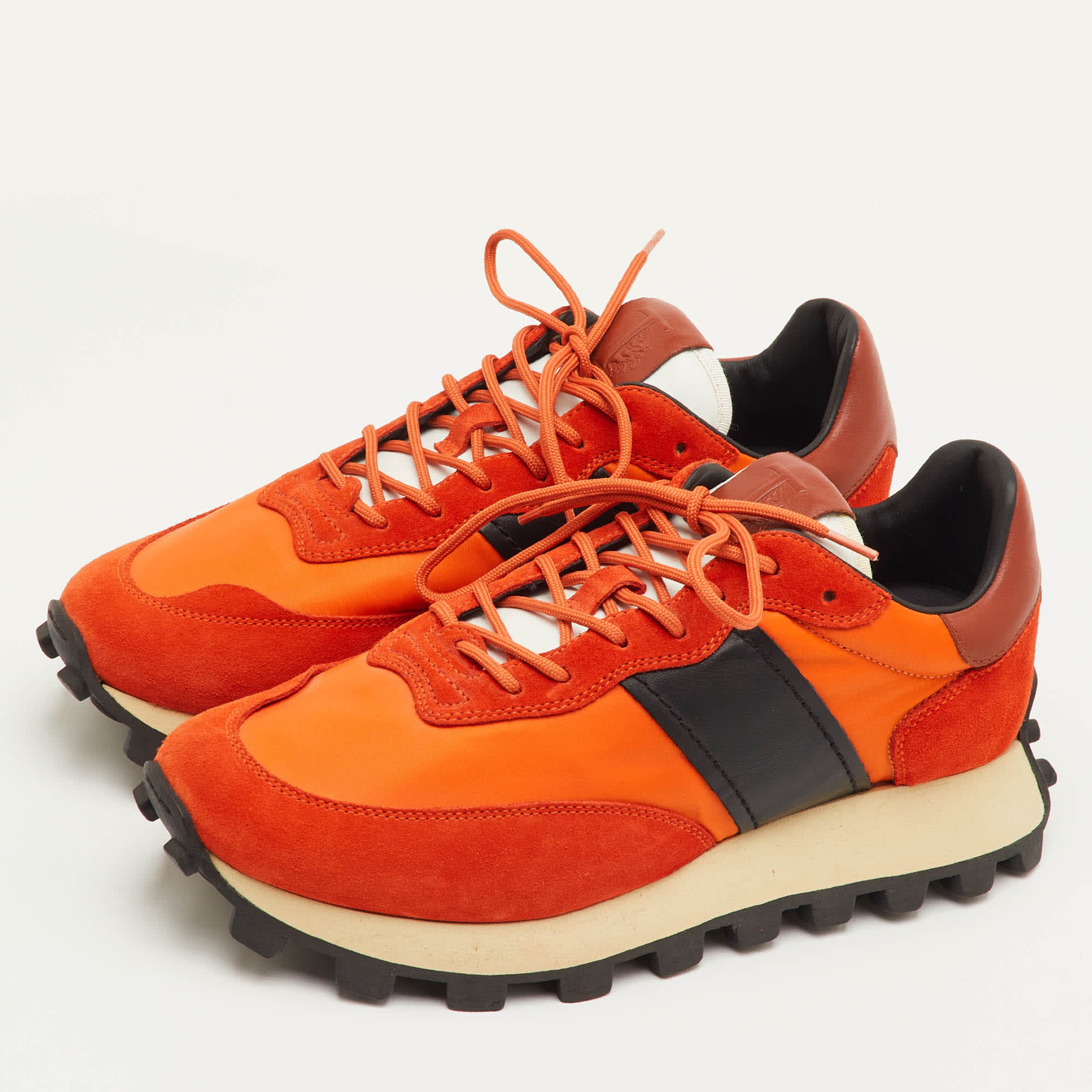 Tod's Size 41.5 Orange/black Fabric Leather And Suede Low Top Sneakers